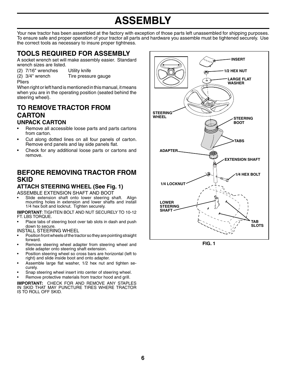 Assembly, Tools required for assembly, Before removing tractor from skid | Poulan 184518 User Manual | Page 6 / 48
