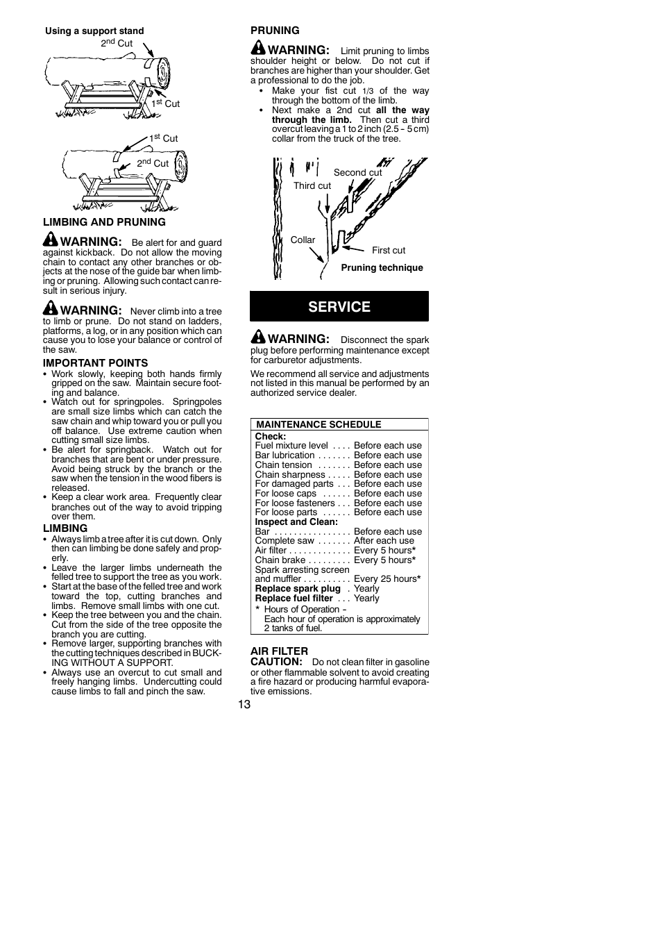 Service, Warning | Poulan 530165412 User Manual | Page 13 / 18
