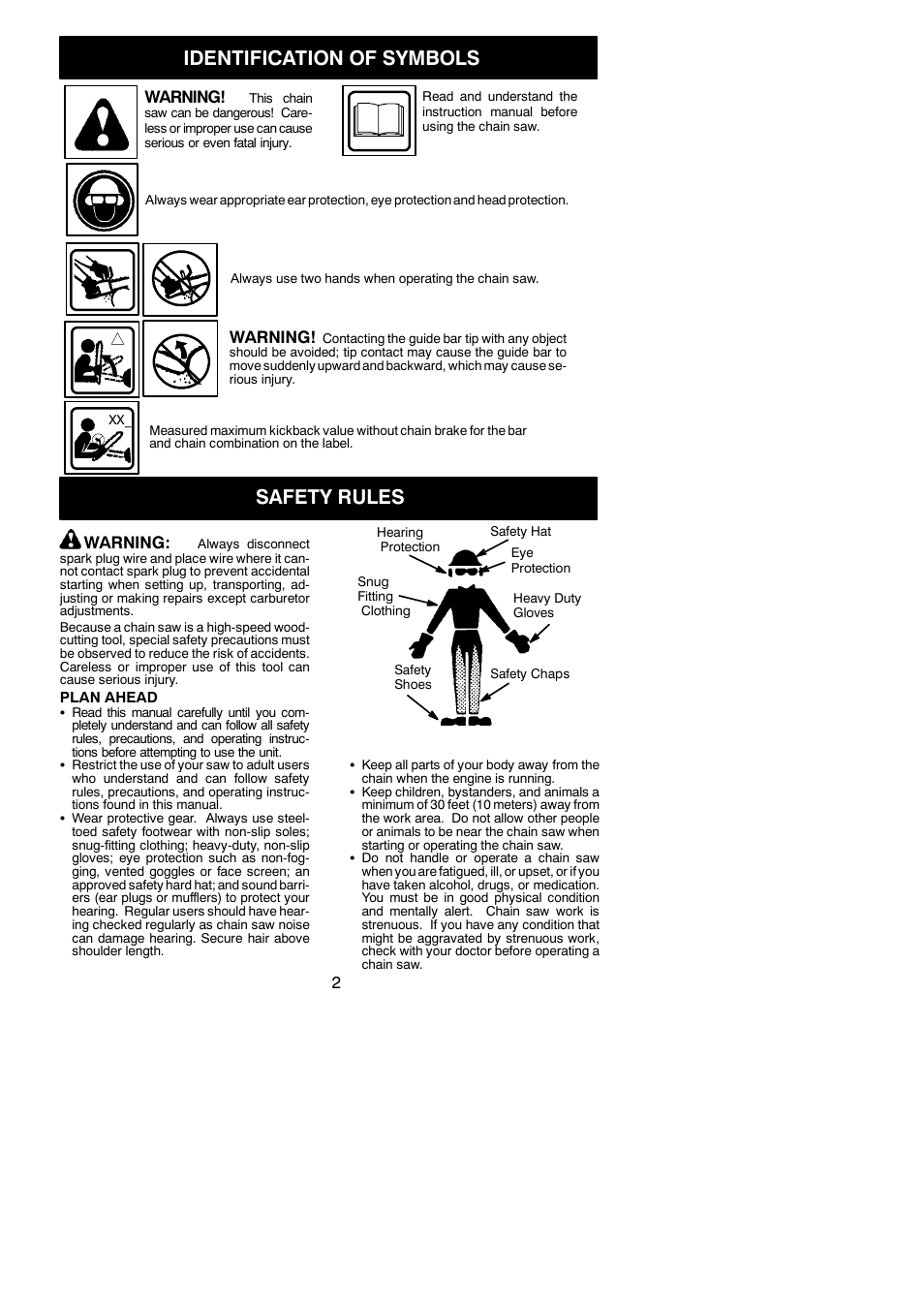 Identification of symbols, Safety rules, Warning | Poulan 530165412 User Manual | Page 2 / 18