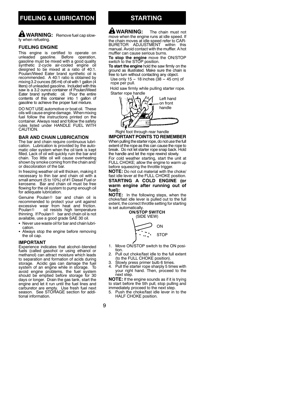 Starting, Fueling & lubrication, Warning | Poulan 530165412 User Manual | Page 9 / 18