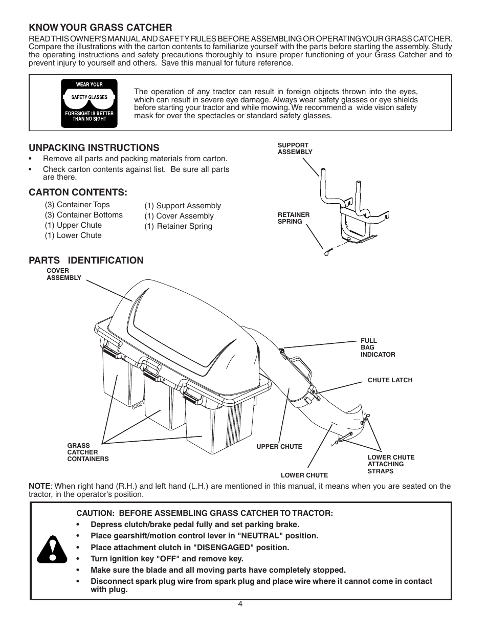 Know your grass catcher, Parts identification unpacking instructions, Carton contents | Poulan 960 72 00-12 User Manual | Page 4 / 11