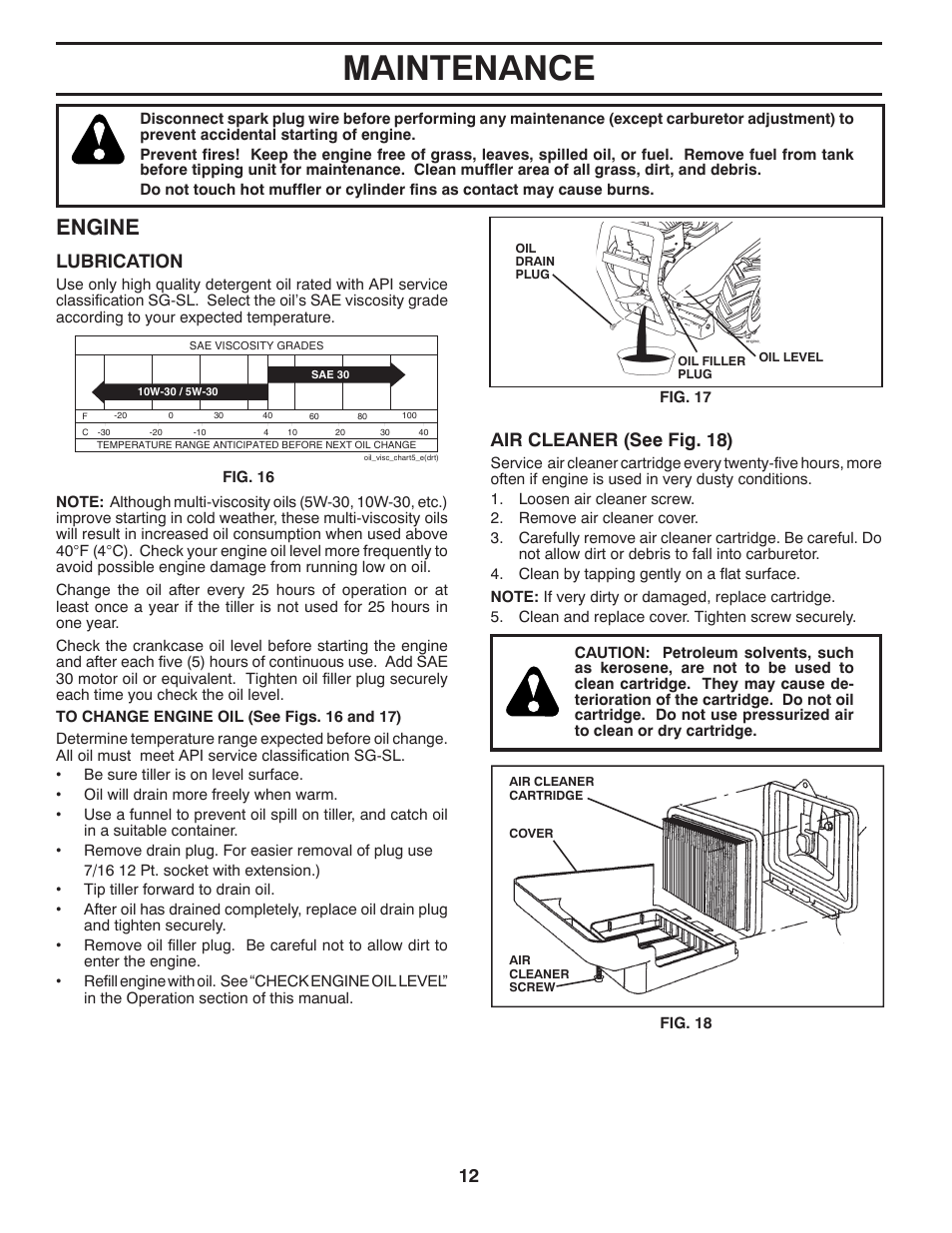 Maintenance, Engine, Lubrication | Air cleaner (see fig. 18) | Poulan 96092001500 User Manual | Page 12 / 22