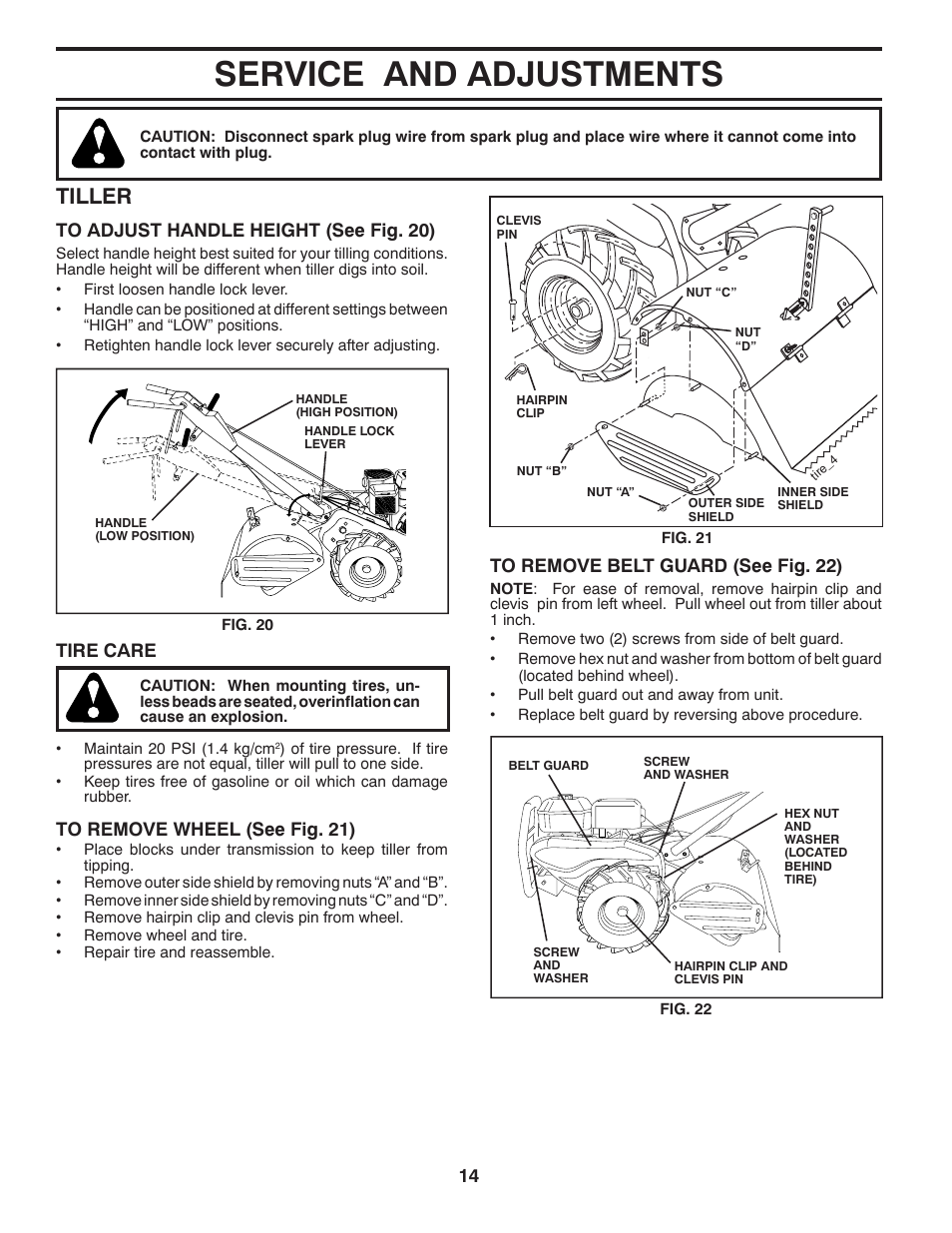 Service and adjustments, Tiller, Tire care | Poulan 96092001500 User Manual | Page 14 / 22