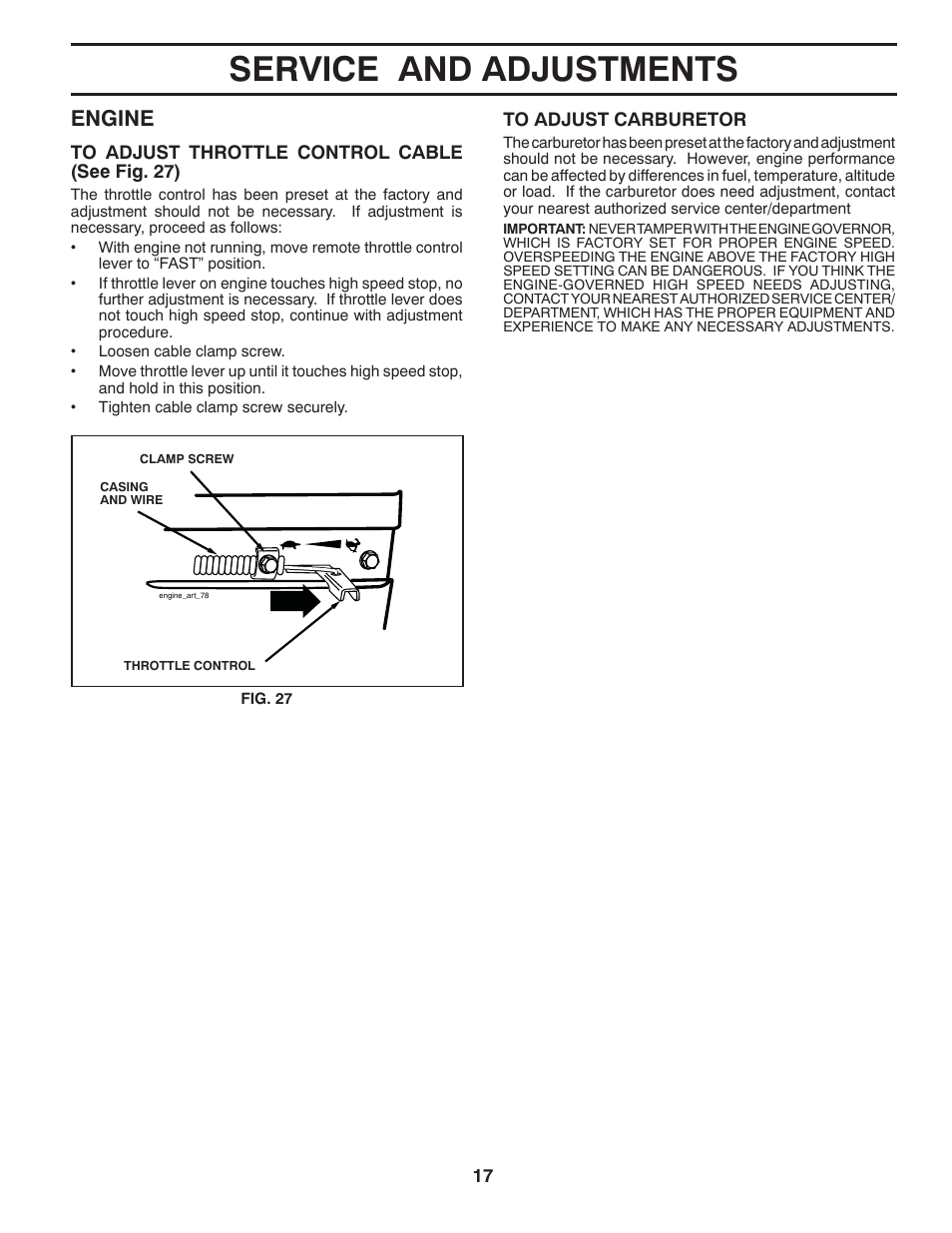 Service and adjustments, Engine | Poulan 96092001500 User Manual | Page 17 / 22