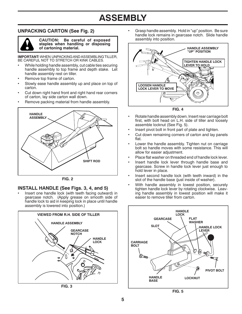 Assembly, Unpacking carton (see fig. 2), Install handle (see figs. 3, 4, and 5) | Poulan 96092001500 User Manual | Page 5 / 22