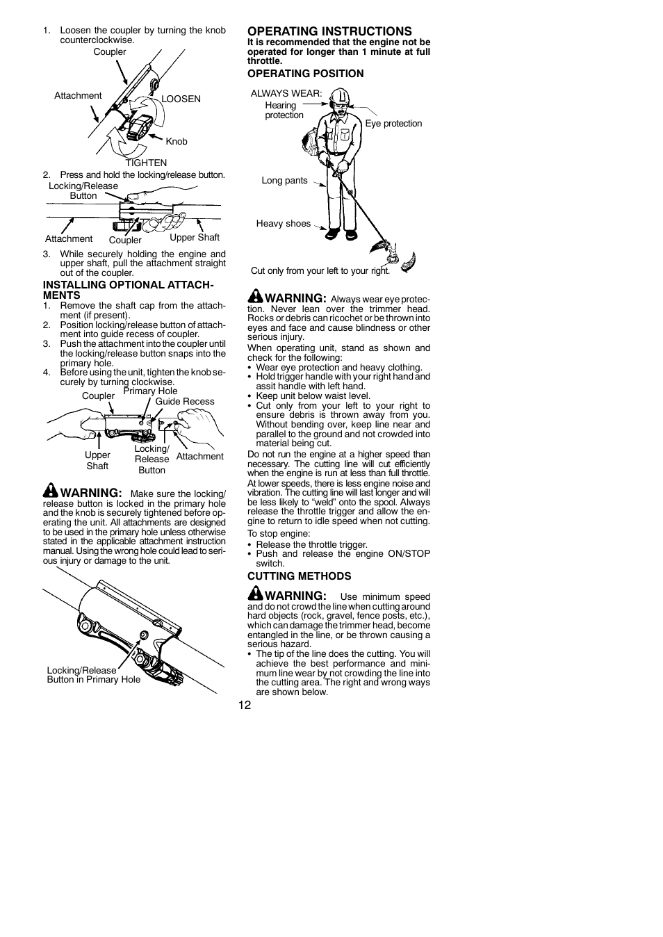 Warning, Operating instructions | Poulan Pro PP335 User Manual | Page 12 / 18