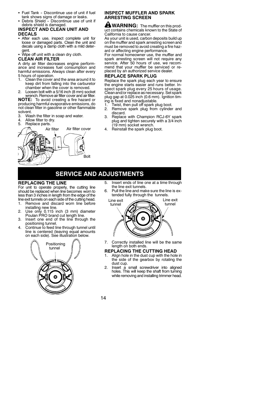 Service and adjustments, Warning | Poulan Pro PP335 User Manual | Page 14 / 18