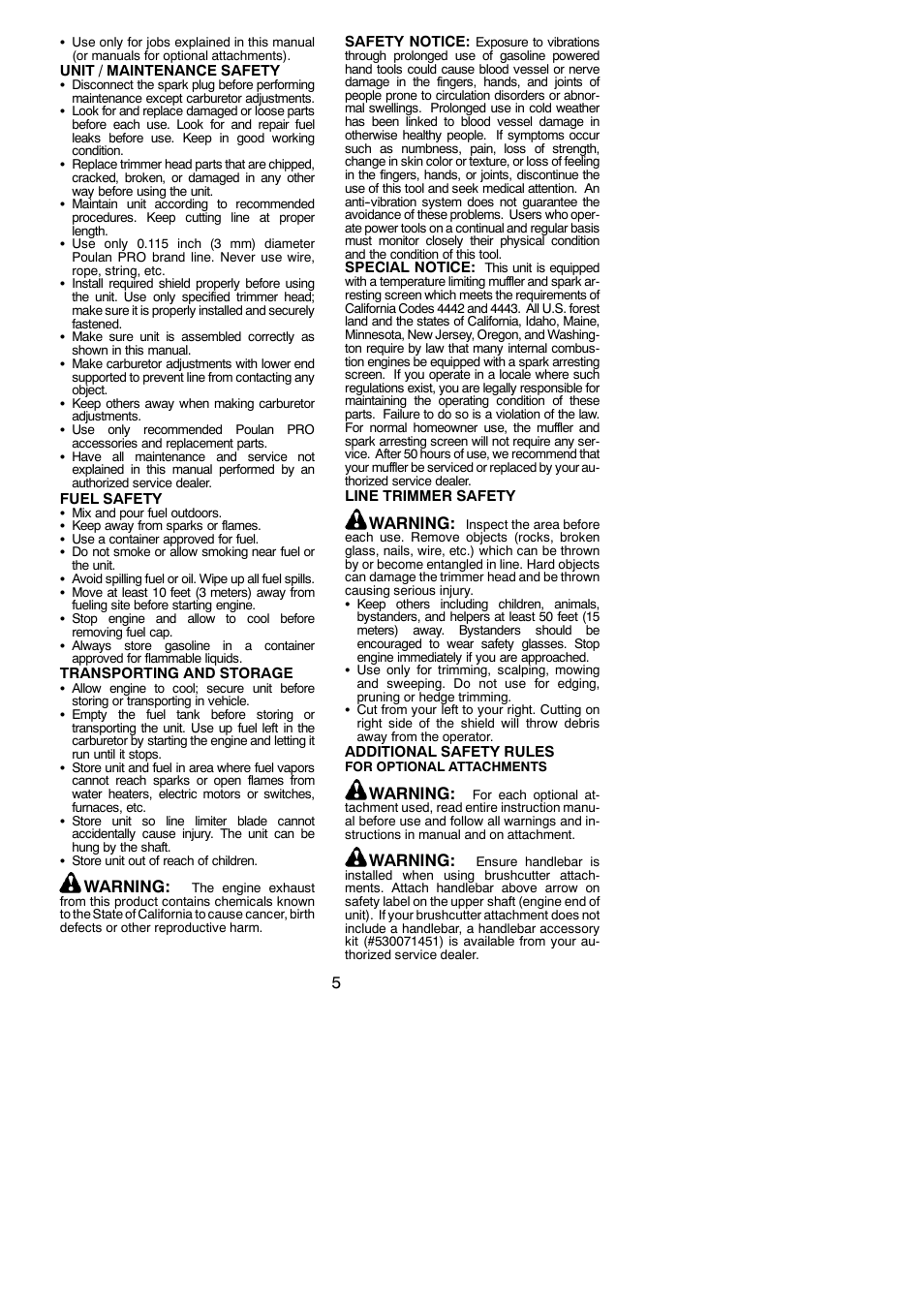 Warning | Poulan Pro PP335 User Manual | Page 5 / 18