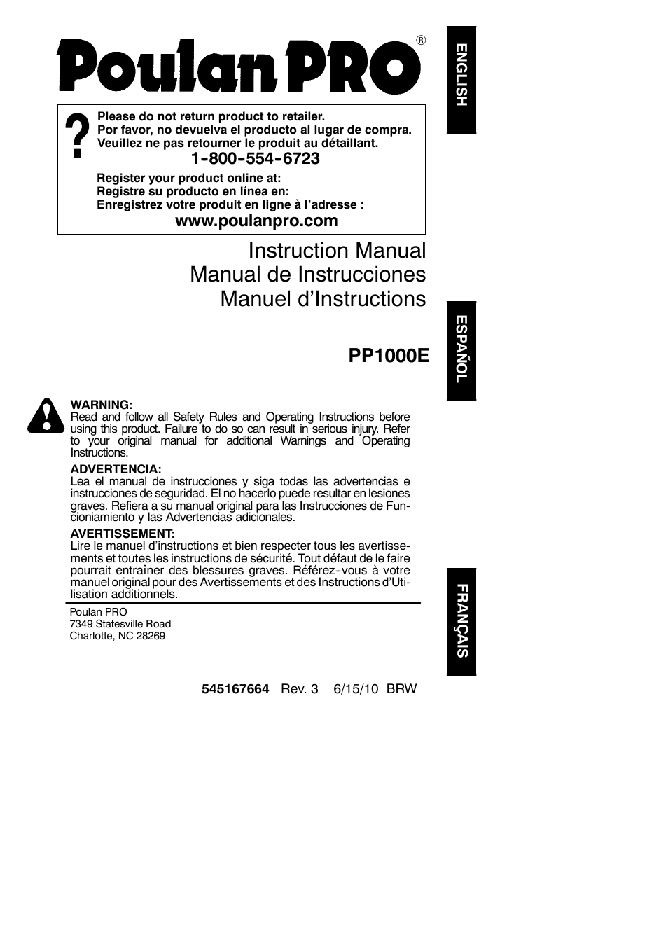 Poulan Pro PP1000E User Manual | 8 pages