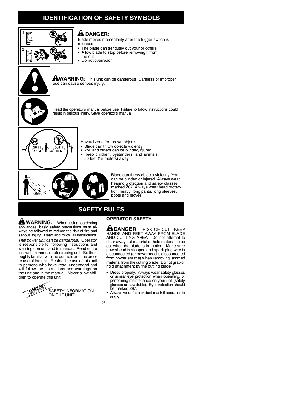 Identification of safety symbols, Safety rules, Warning | Danger | Poulan Pro PP1000E User Manual | Page 2 / 8