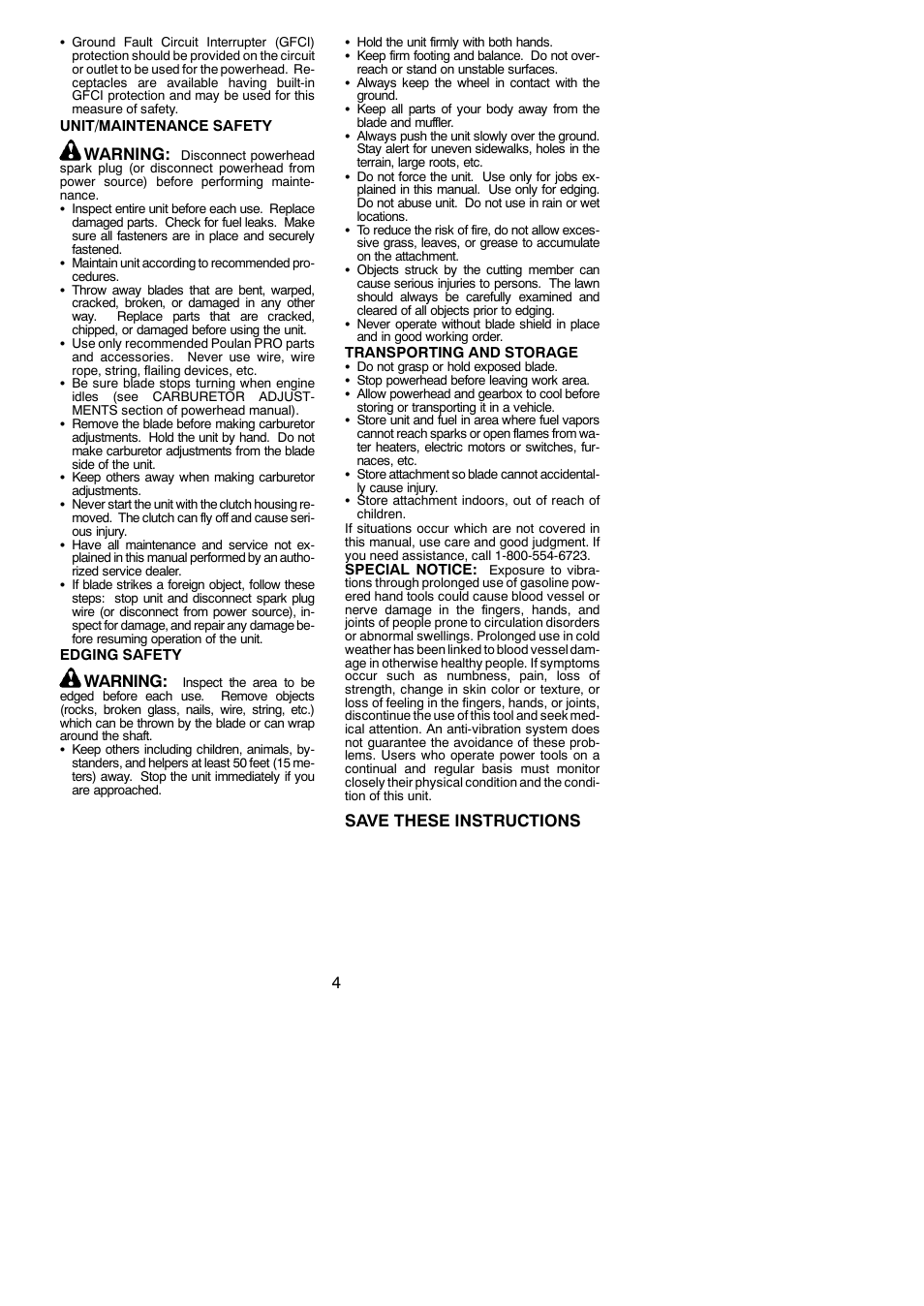 Warning, Save these instructions | Poulan Pro PP1000E User Manual | Page 4 / 8