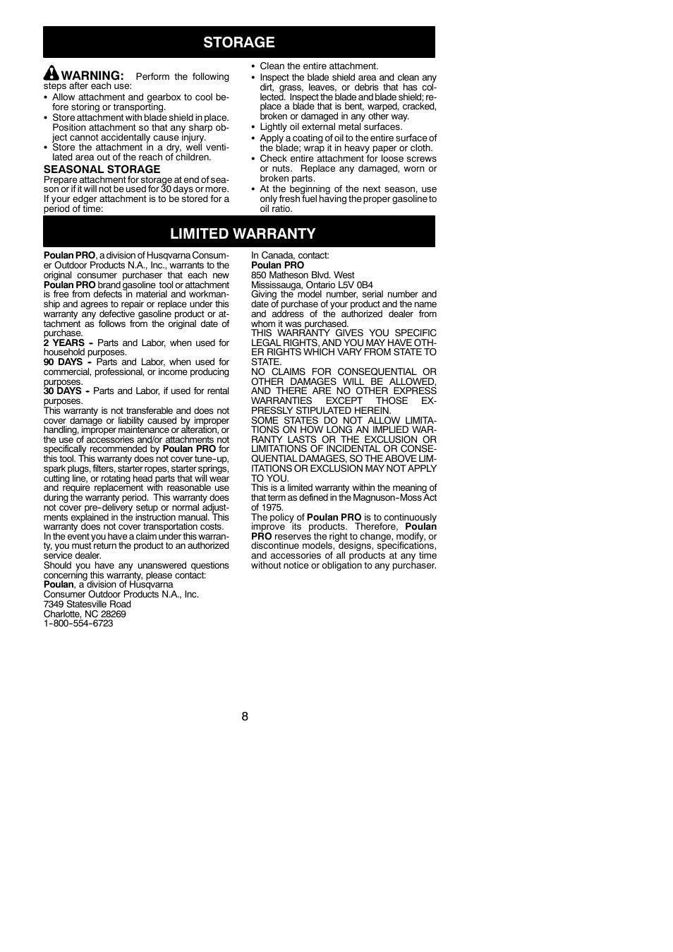Storage, Limited warranty, Warning | Poulan Pro PP1000E User Manual | Page 8 / 8