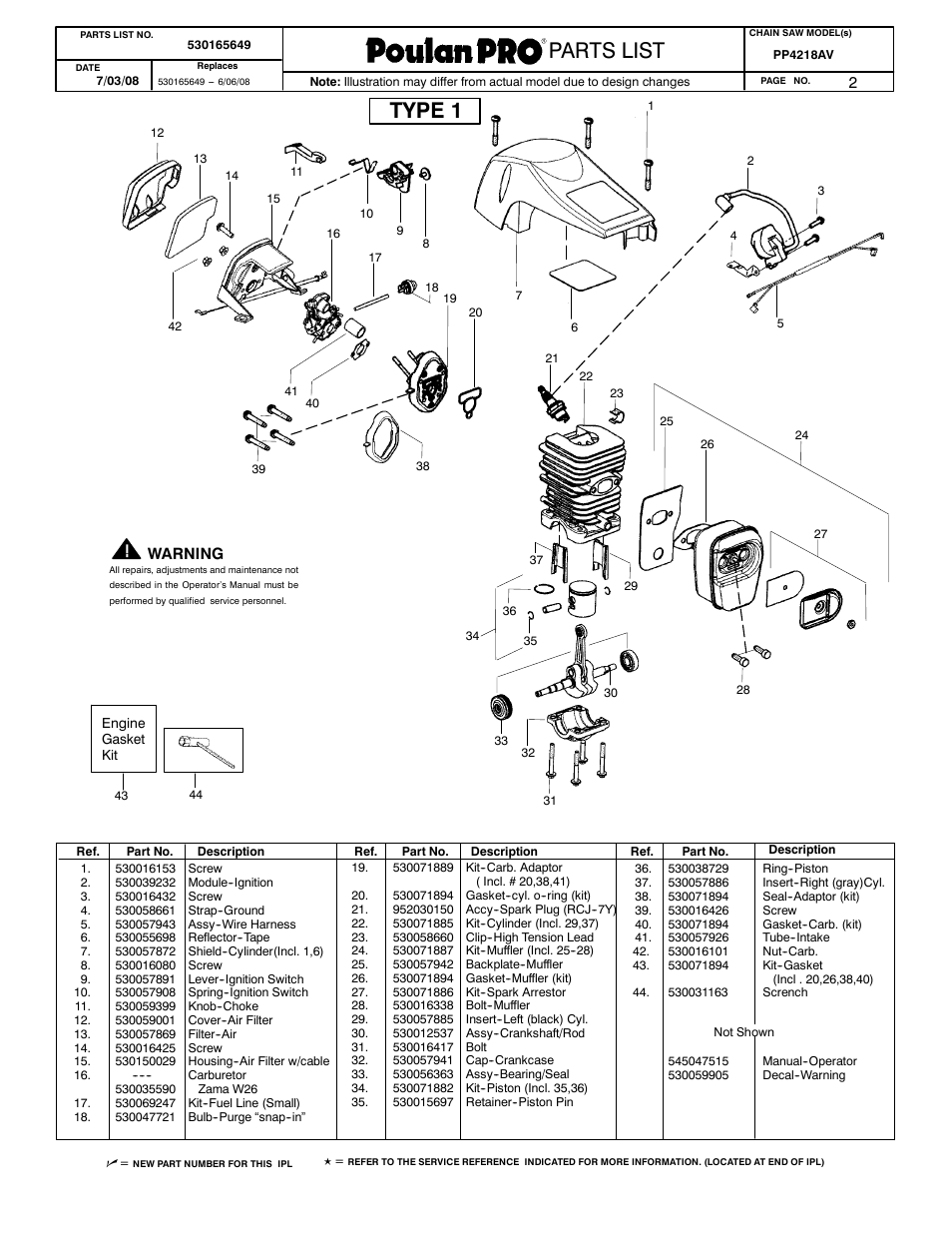 Engine - type 1, Paramount parts list, Weed eater parts list | Poulan parts list, Parts list, Type 1 | Poulan PP4218 AV User Manual | Page 2 / 3