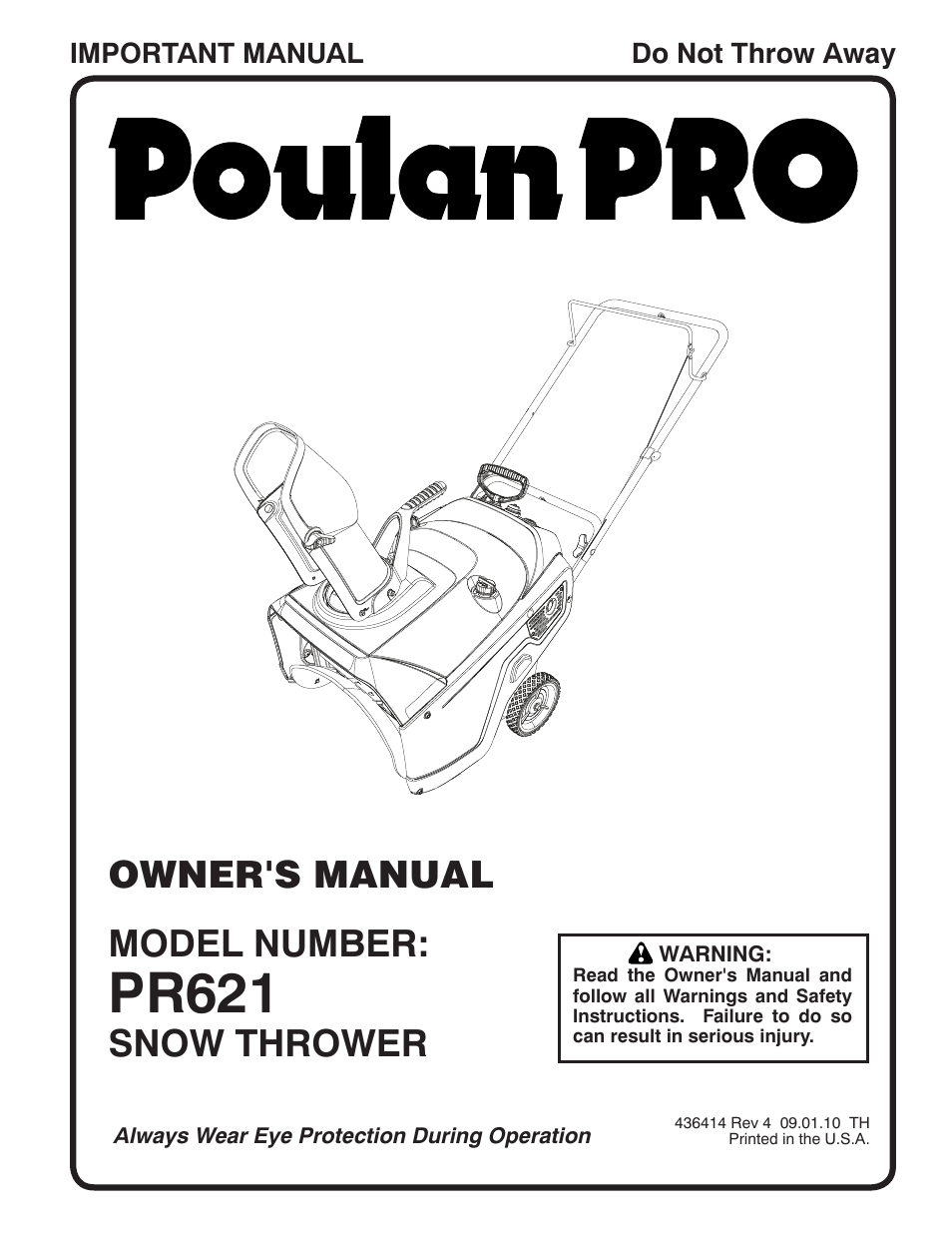 Poulan Pro PR621 SNOW THROWER User Manual | 30 pages