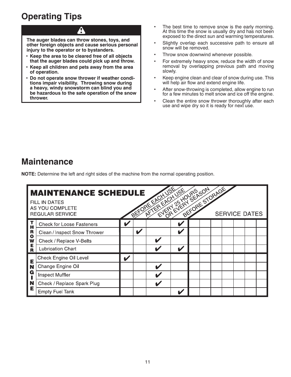 Maintenance, Operating tips | Poulan Pro PR621 SNOW THROWER User Manual | Page 11 / 30