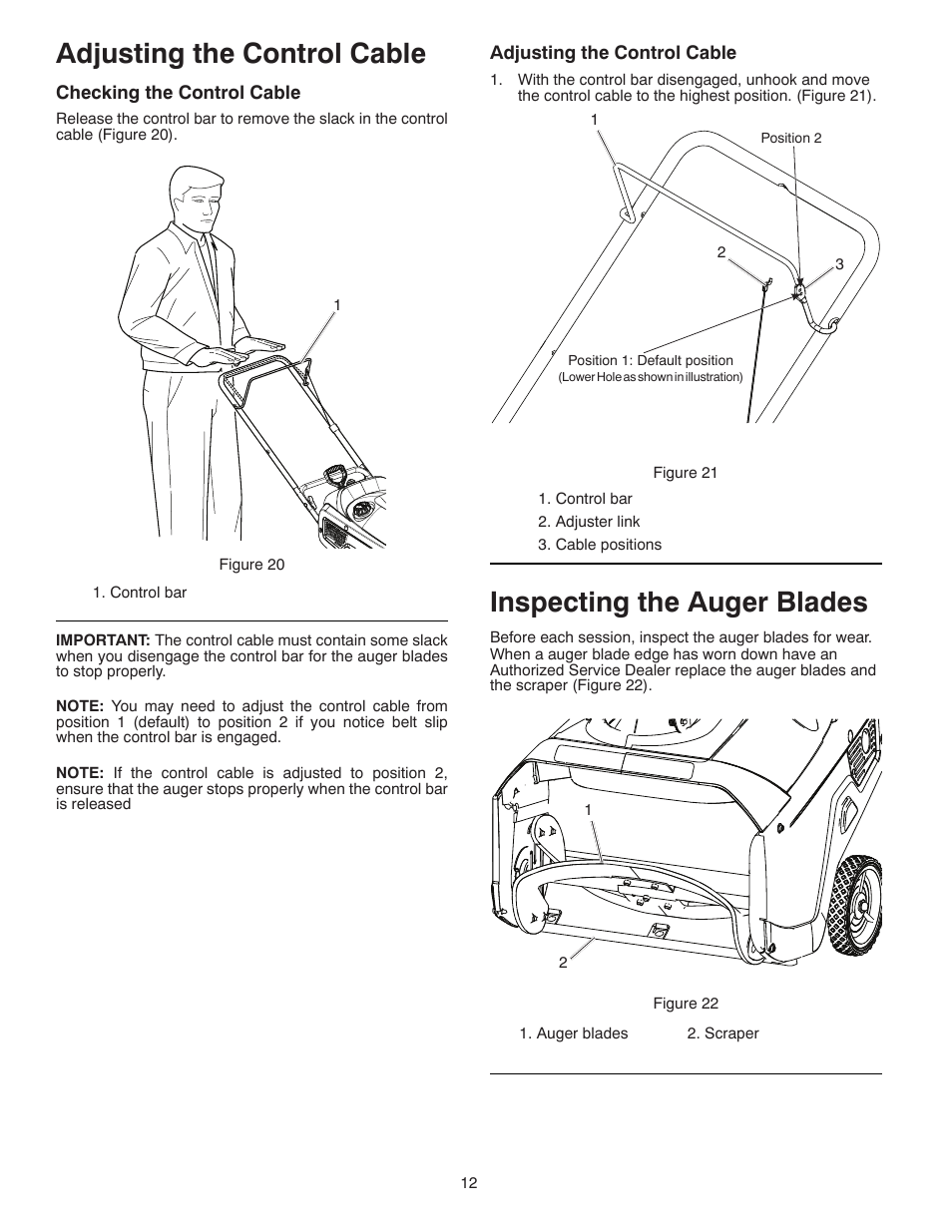 Adjusting the control cable, Inspecting the auger blades | Poulan Pro PR621 SNOW THROWER User Manual | Page 12 / 30