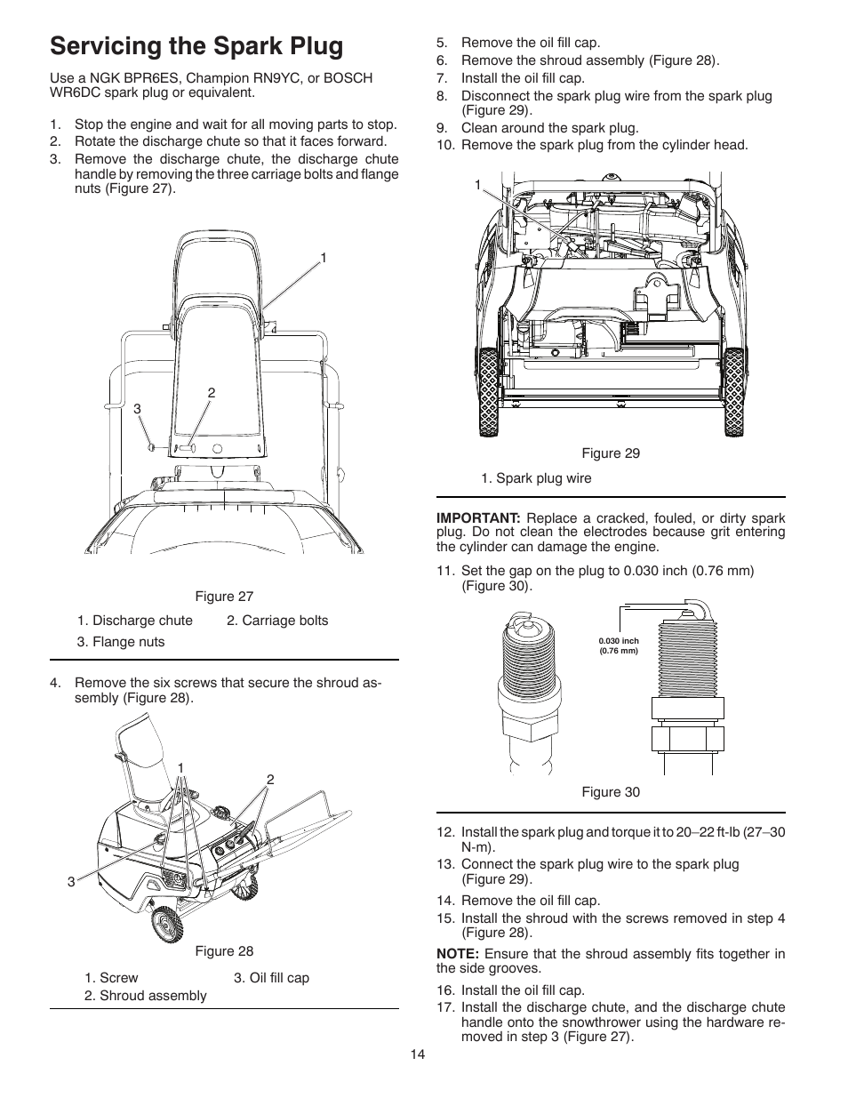Servicing the spark plug | Poulan Pro PR621 SNOW THROWER User Manual | Page 14 / 30