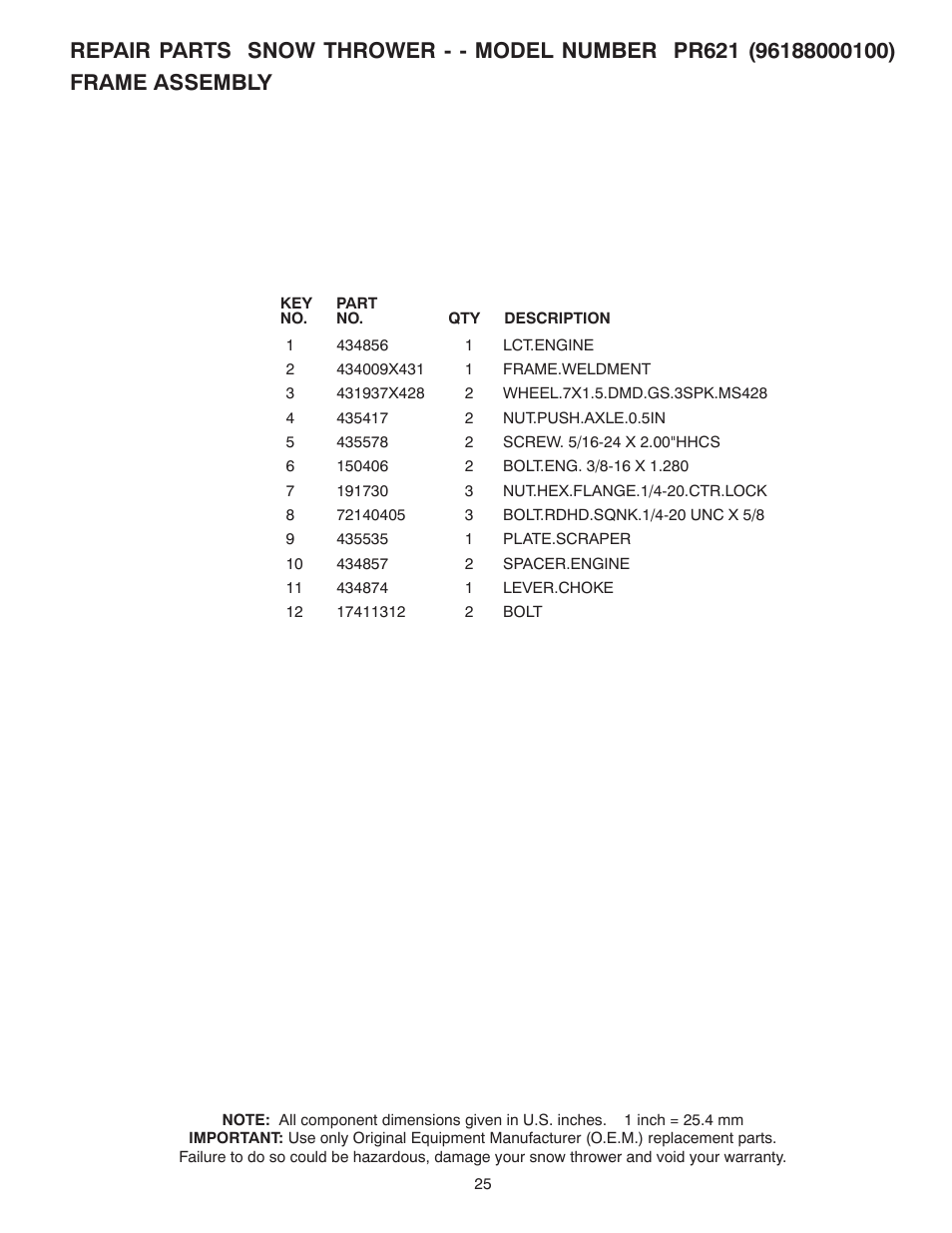 Poulan Pro PR621 SNOW THROWER User Manual | Page 25 / 30