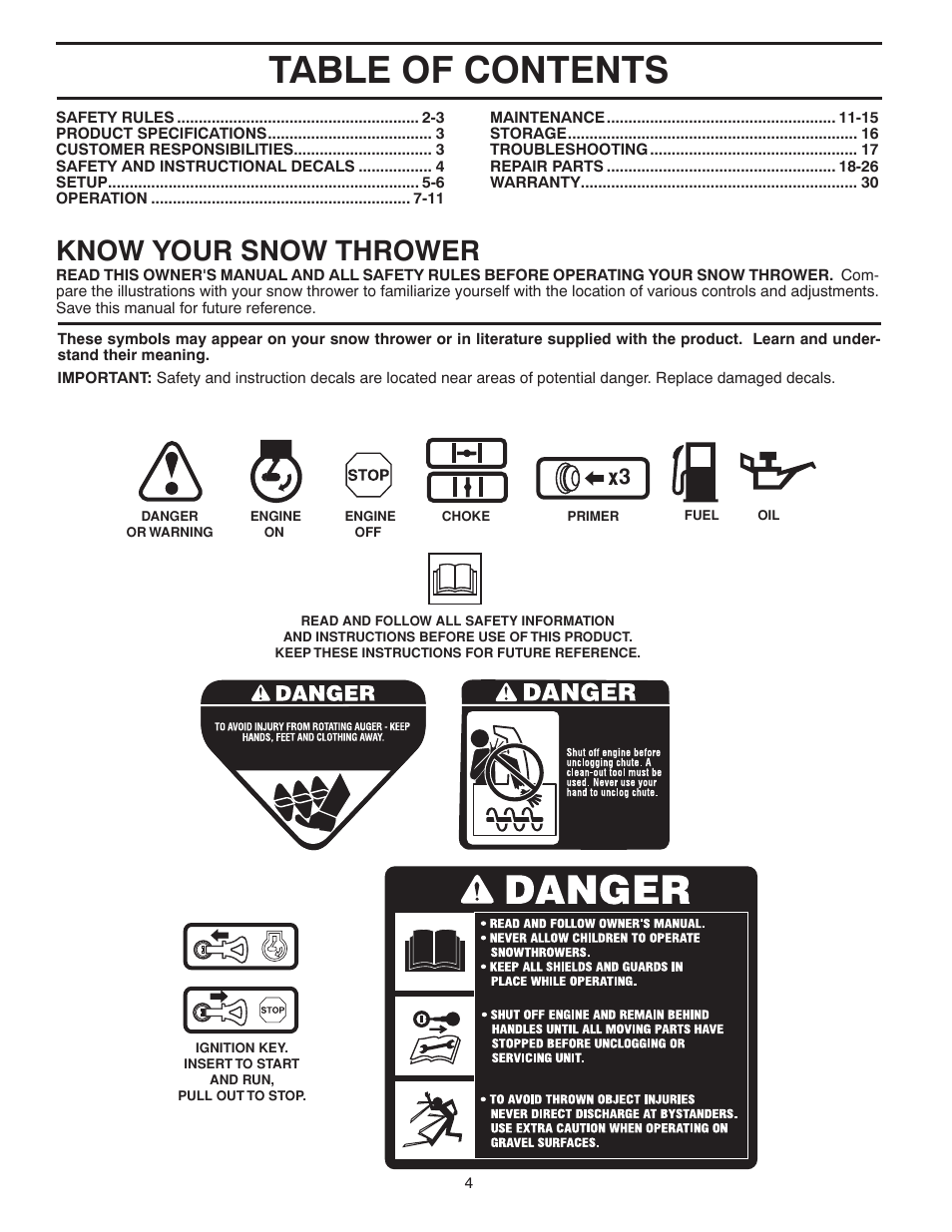 Poulan Pro PR621 SNOW THROWER User Manual | Page 4 / 30