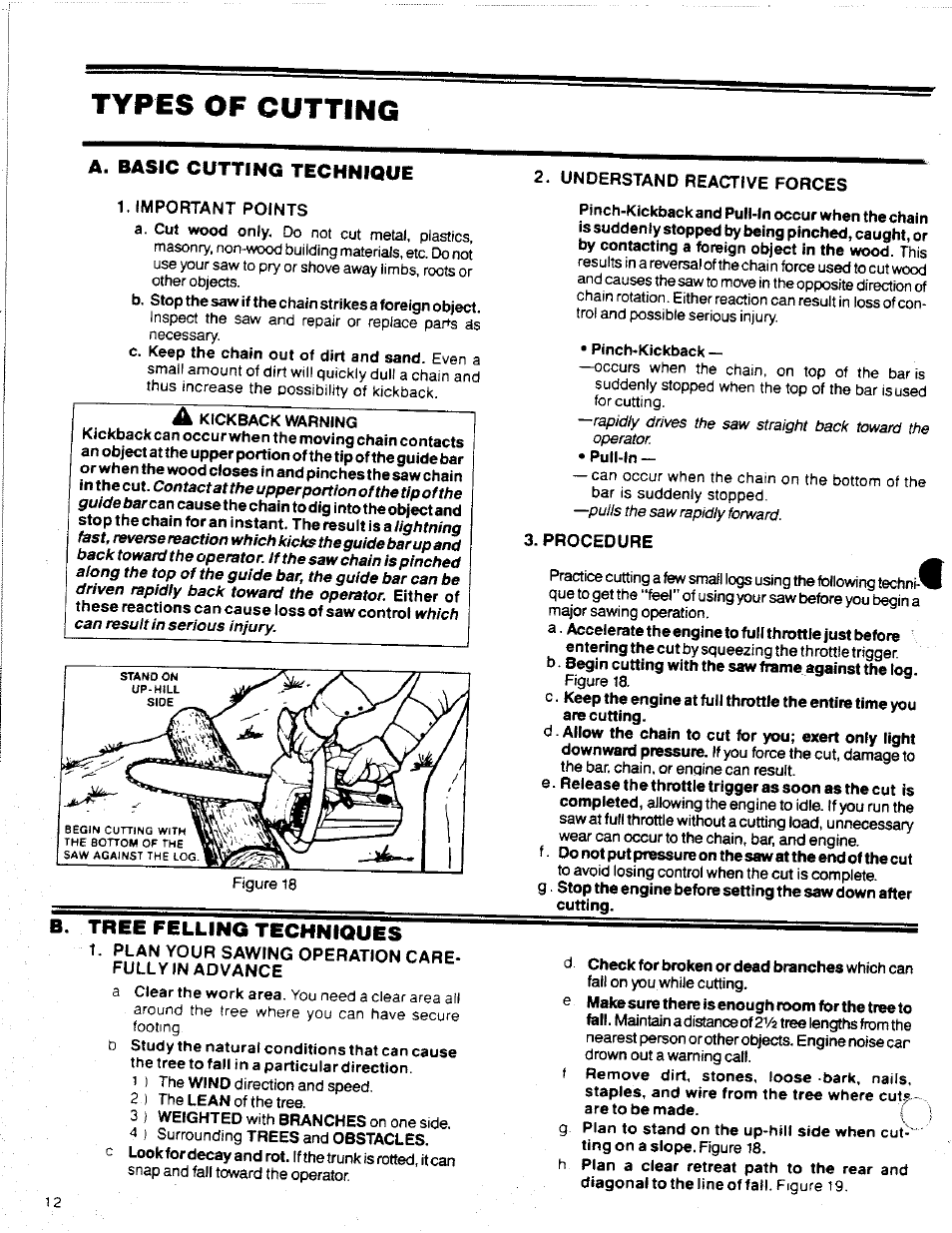 Types of cutting, A. basic cutting technique, Tree felling techniques | A. sasic cutting technique, B. tree felling techniques | Poulan 2300 AV User Manual | Page 12 / 24