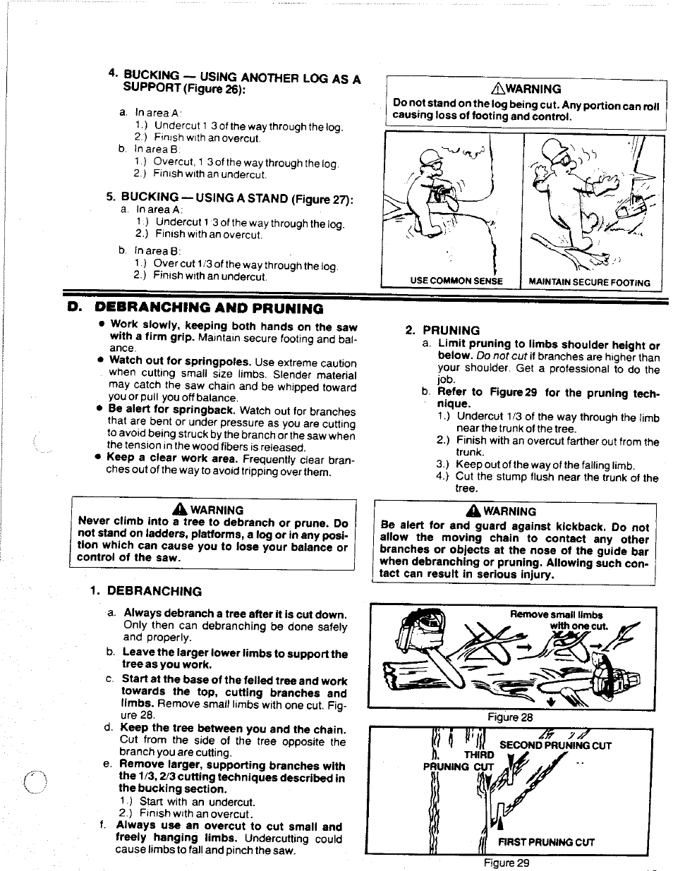 Bucking —using a stand (figure 27), O. debranching and pruning, A warning | Oebranching, Pruning | Poulan 2300 AV User Manual | Page 15 / 24