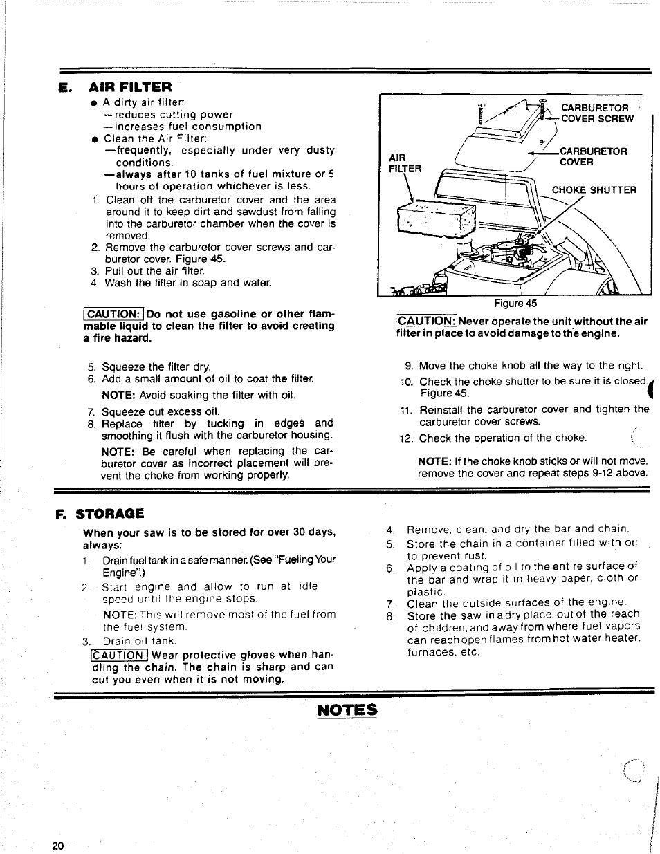 Air filter, F. storage, E. air filter | F storage | Poulan 2300 AV User Manual | Page 20 / 24