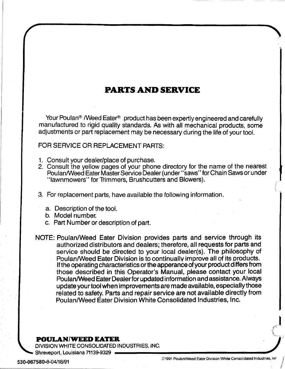 Parts and service, Poulan/weed eater | Poulan 2300 AV User Manual | Page 24 / 24