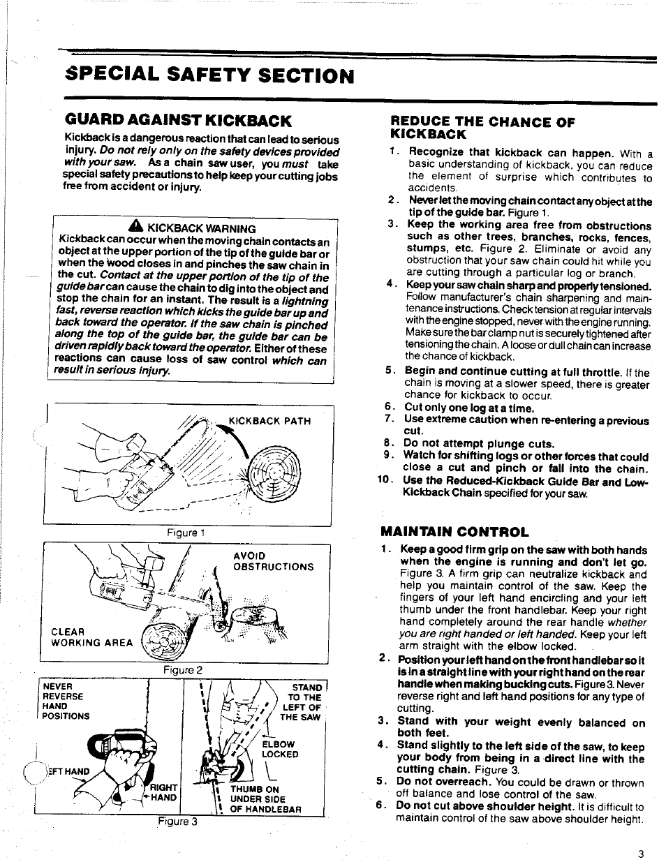 Special safety section, Reduce the chance of kickback, Maintain control | Guard against kickback | Poulan 2300 AV User Manual | Page 3 / 24
