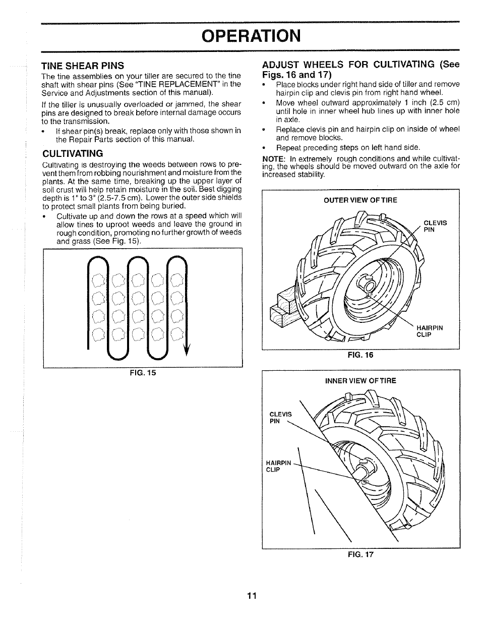Tine shear pins, Cultivating, Operation | Poulan 184877 User Manual | Page 11 / 28