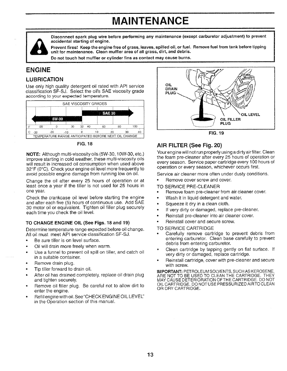 Lubrication, Air filter (see fig. 20), Maintenance | Engine | Poulan 184877 User Manual | Page 13 / 28