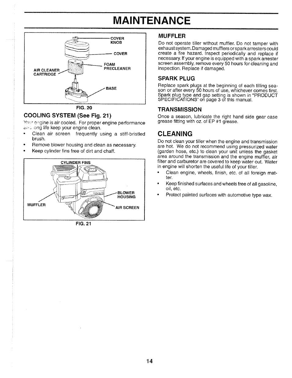 Cooling system (see fig. 21), Muffler, Spark plug | Transmission, Maintenance, Cleaning | Poulan 184877 User Manual | Page 14 / 28