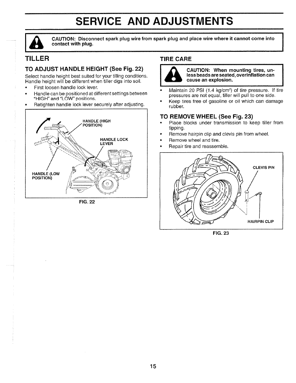 To adjust handle height (see fig. 22), Tire care, To remove wheel (see fig. 23) | Service and adjustments | Poulan 184877 User Manual | Page 15 / 28