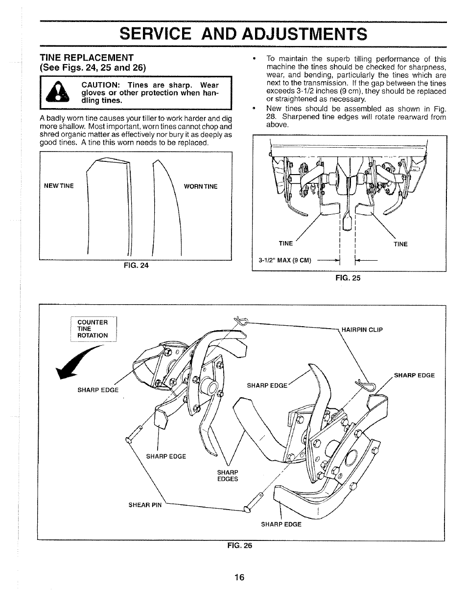 Tine replacement (see fsgs. 24, 25 and 26), Service and adjustments | Poulan 184877 User Manual | Page 16 / 28