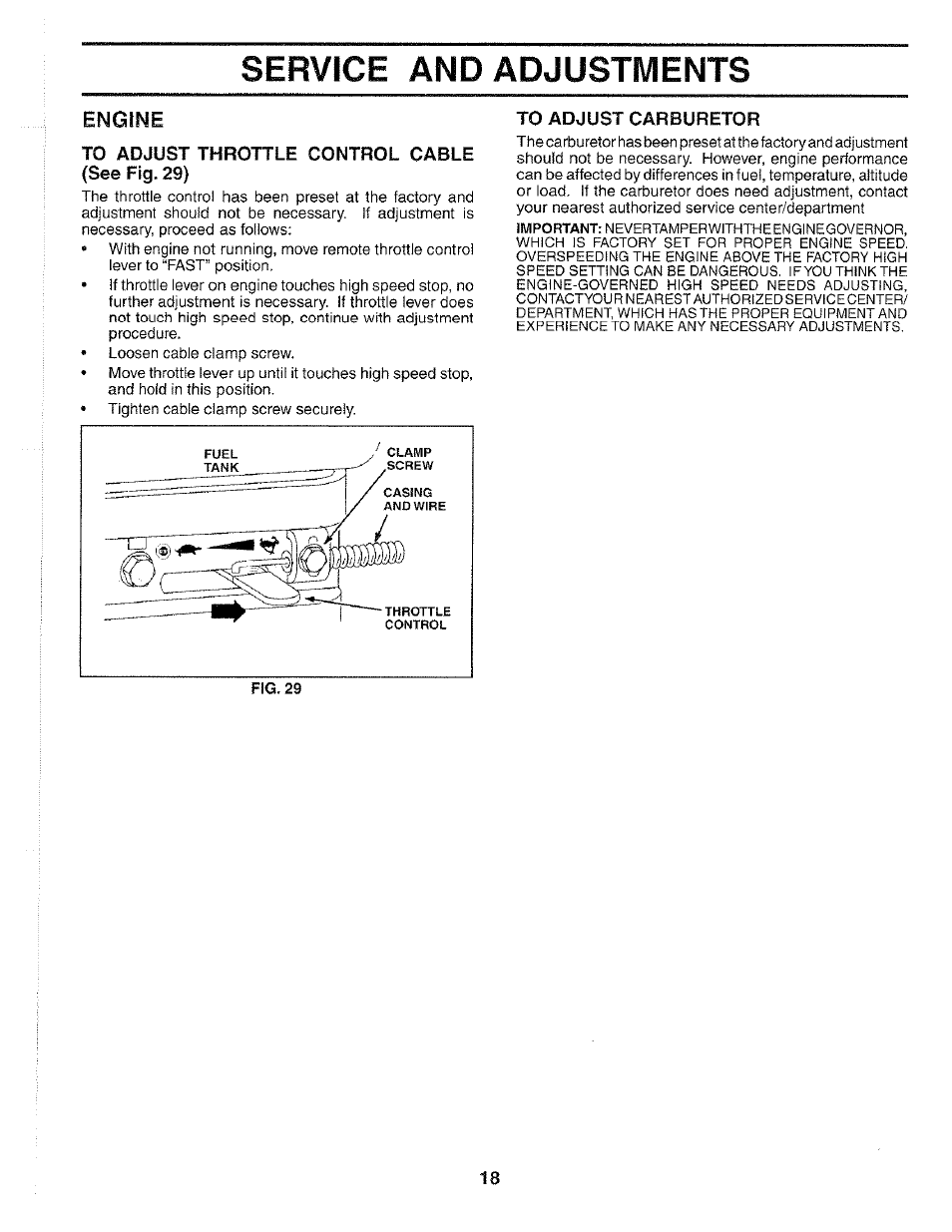 To adjust throttle control cable, See fig. 29), To adjust carburetor | Service and adjustments, Engine | Poulan 184877 User Manual | Page 18 / 28