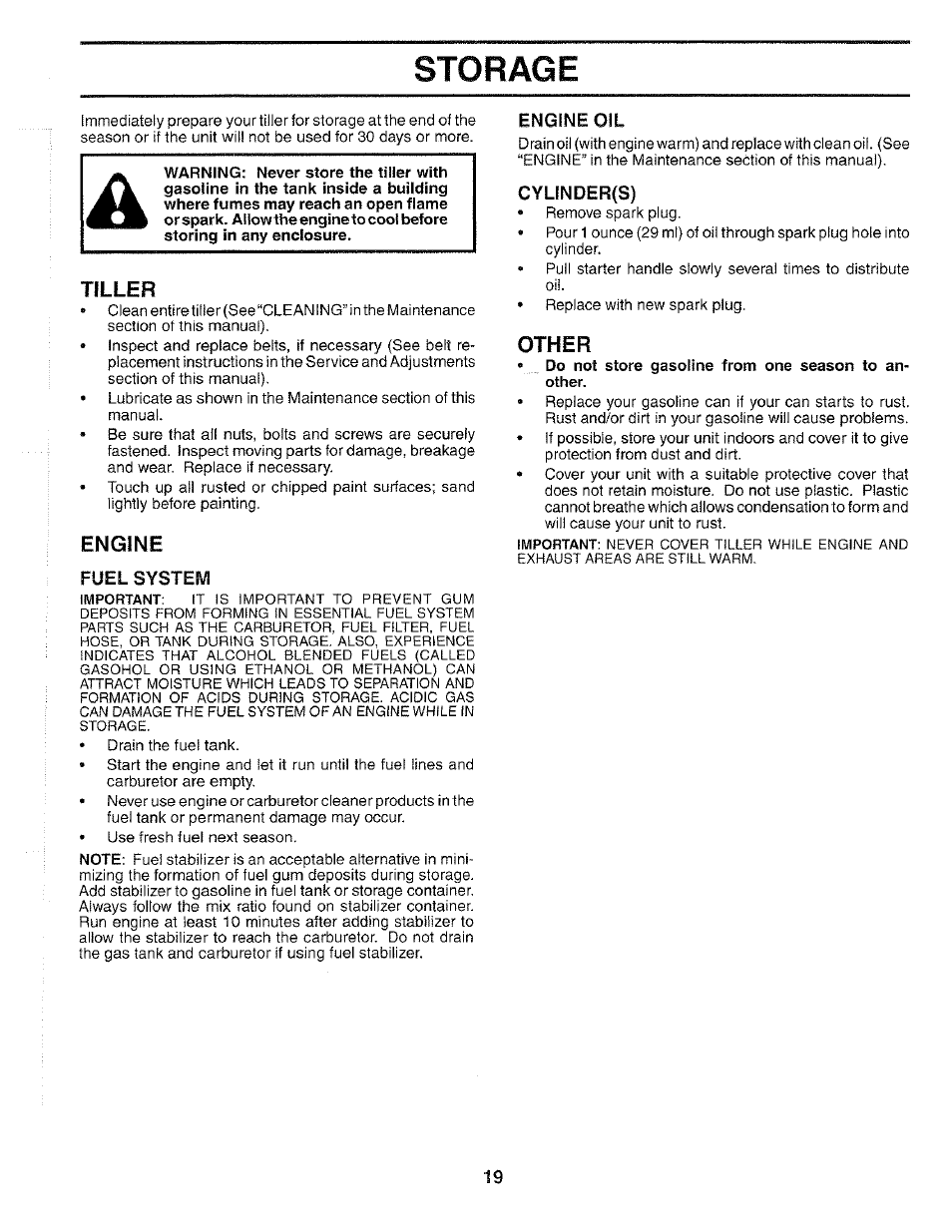 Fuel system, Engine oil, Cylinder(s) | Storage, Tiller, Engine, Other | Poulan 184877 User Manual | Page 19 / 28