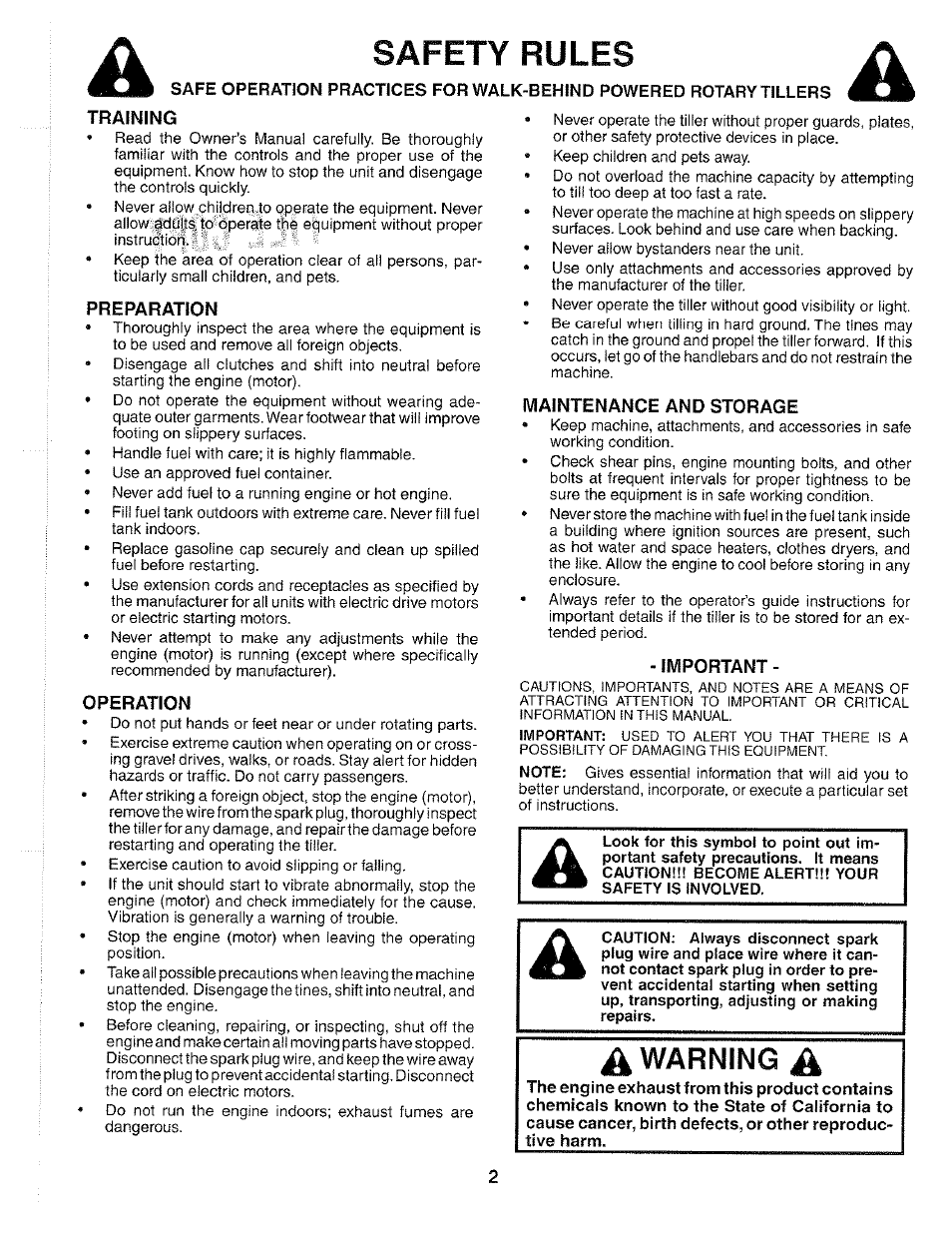 Training, Preparation, Operation | Maintenance and storage, Important, Safety rules | Poulan 184877 User Manual | Page 2 / 28