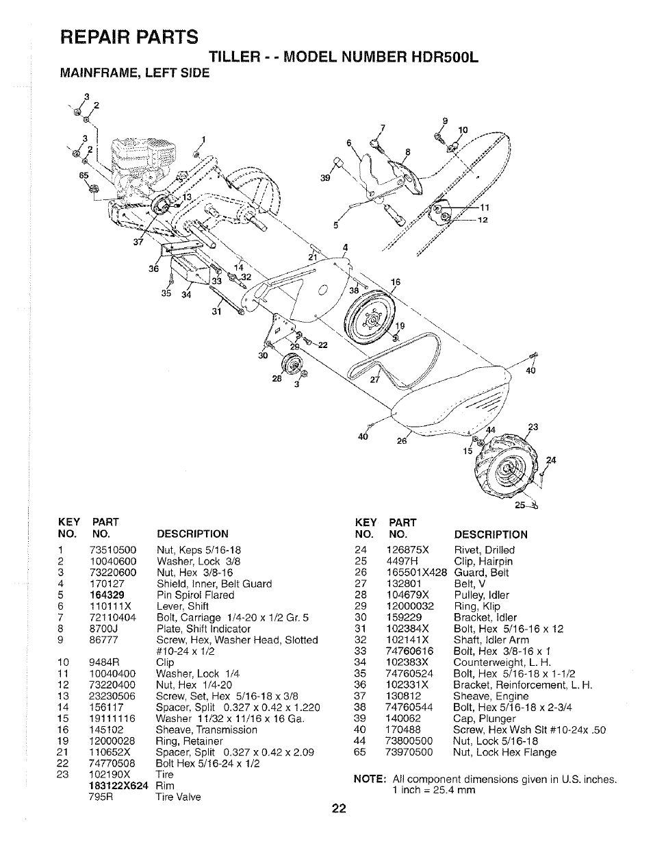Mainframe, left side, Repair parts, Tiller - - model number hdr500l | Mainframe, Side | Poulan 184877 User Manual | Page 22 / 28