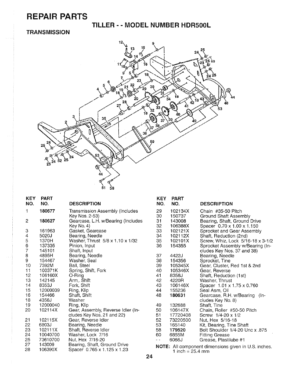Transmission, Repair parts, Tiller - - model number hdr500l | Poulan 184877 User Manual | Page 24 / 28
