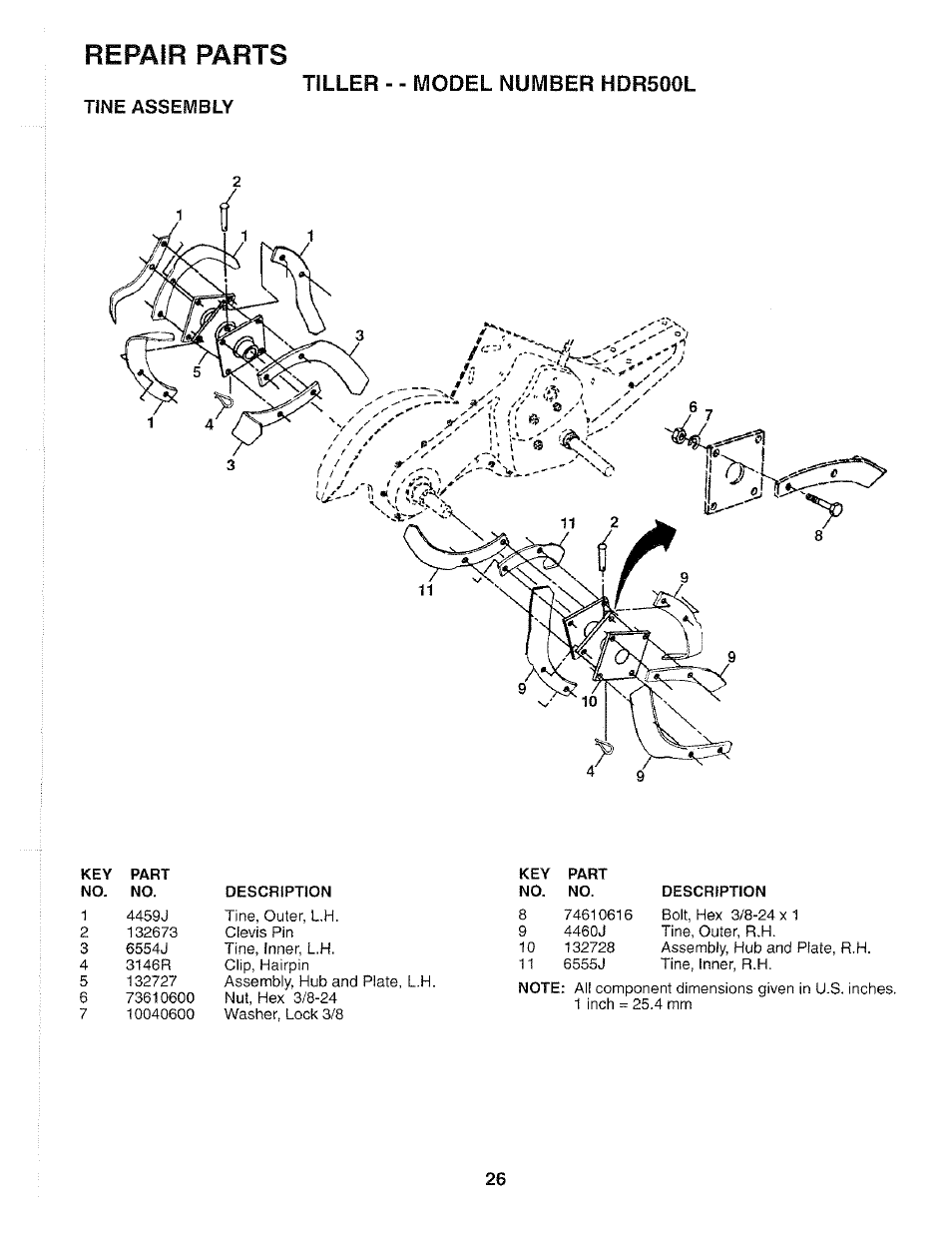 Tine assembly, Repair parts, Tiller - - model number hdr500l | Poulan 184877 User Manual | Page 26 / 28