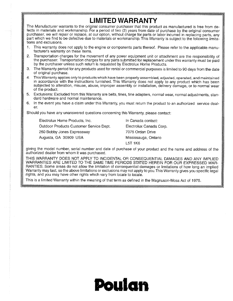 Poulcm, Limited warranty | Poulan 184877 User Manual | Page 28 / 28