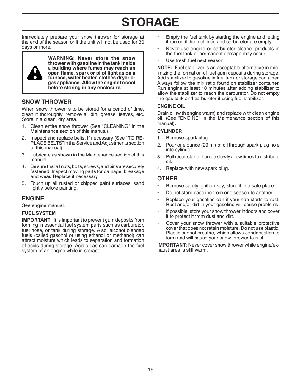 Storage | Poulan 96192004301 User Manual | Page 19 / 44