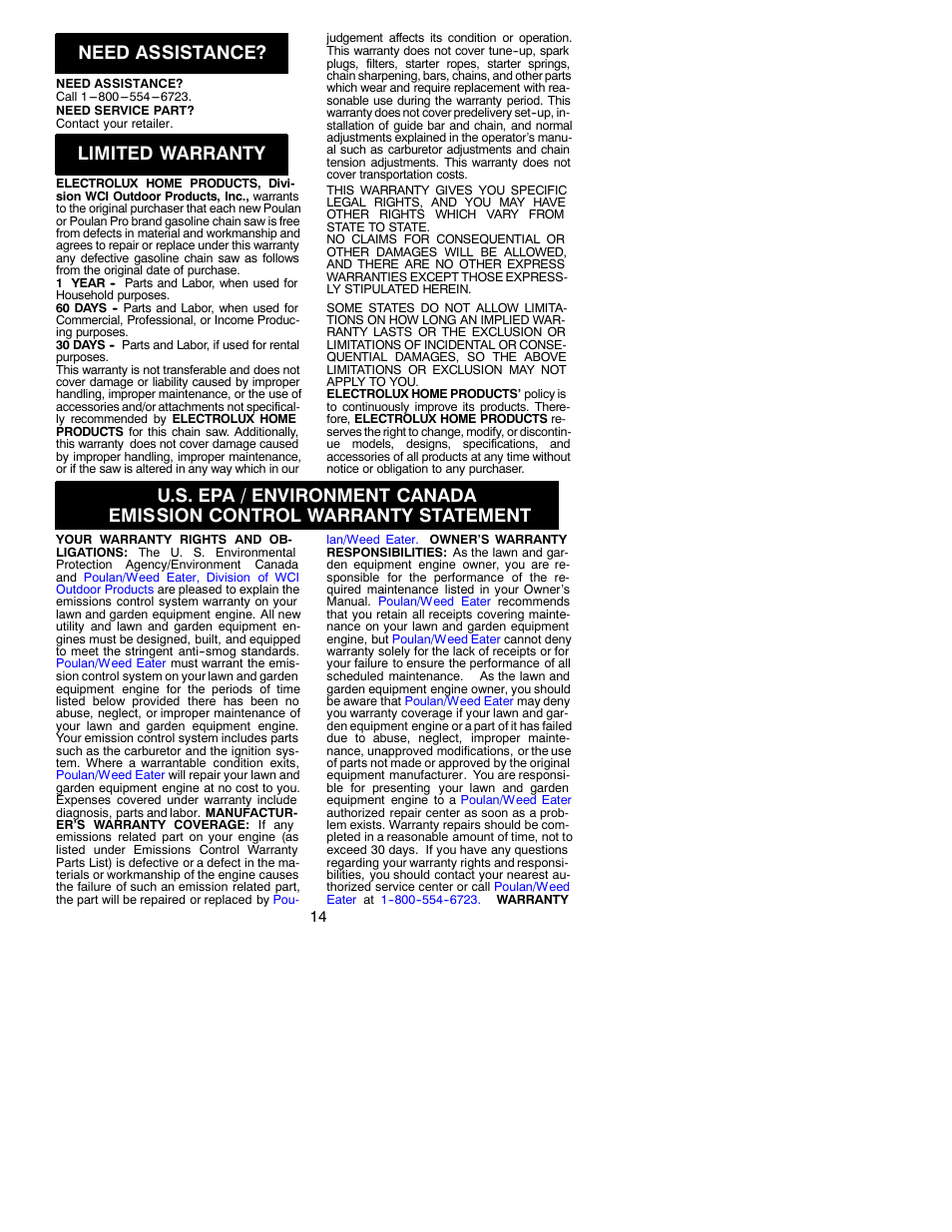 Need assistance, Limited warranty | Poulan 530087723 User Manual | Page 14 / 15