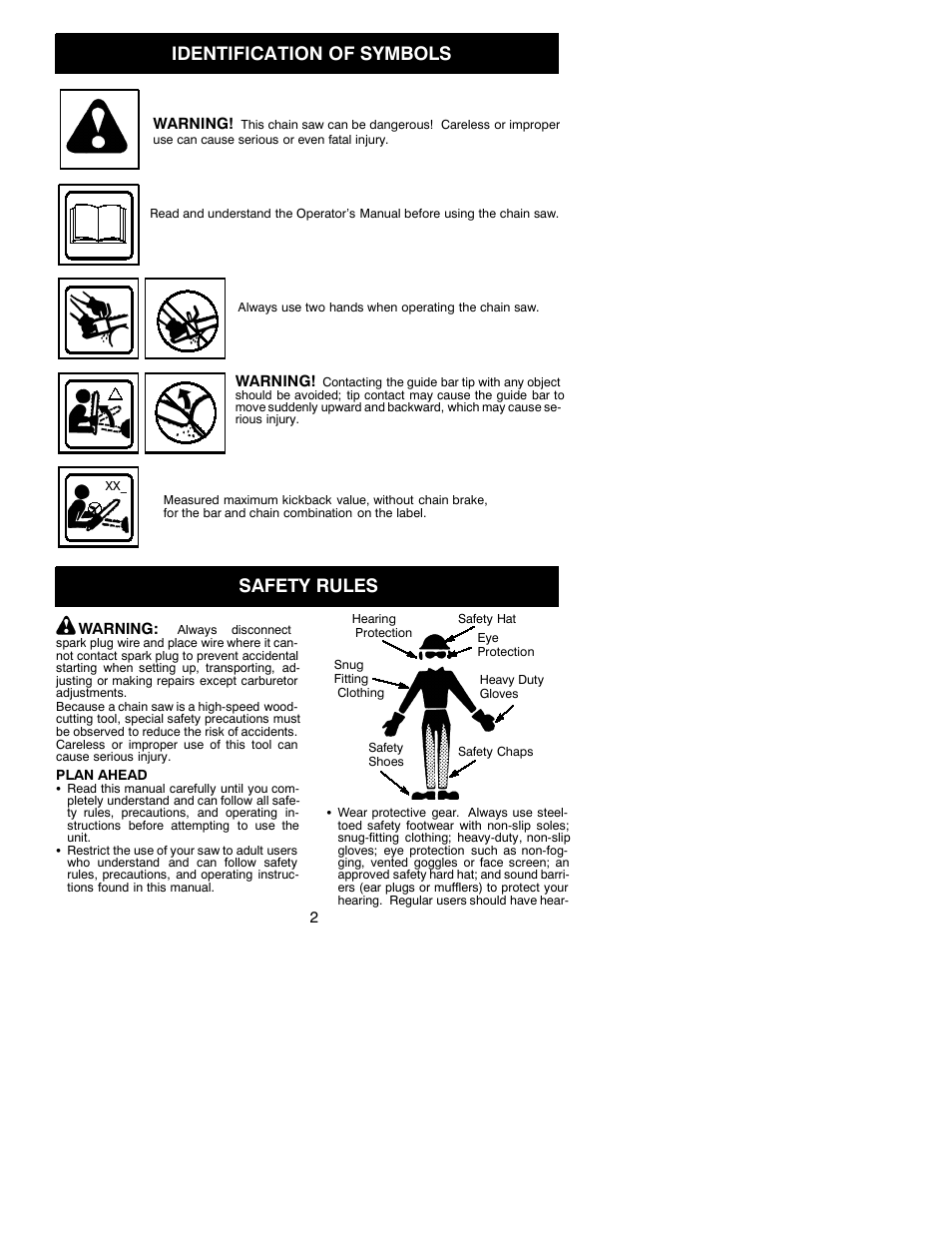 Identification of symbols, Safety rules | Poulan 530087723 User Manual | Page 2 / 15