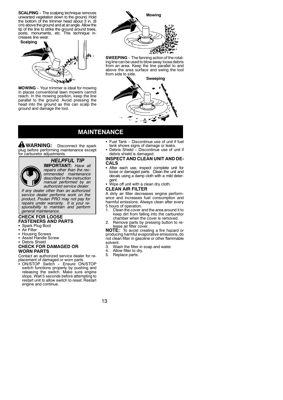 Maintenance, Warning, Helpful tip | Poulan Pro SM705 User Manual | Page 13 / 18