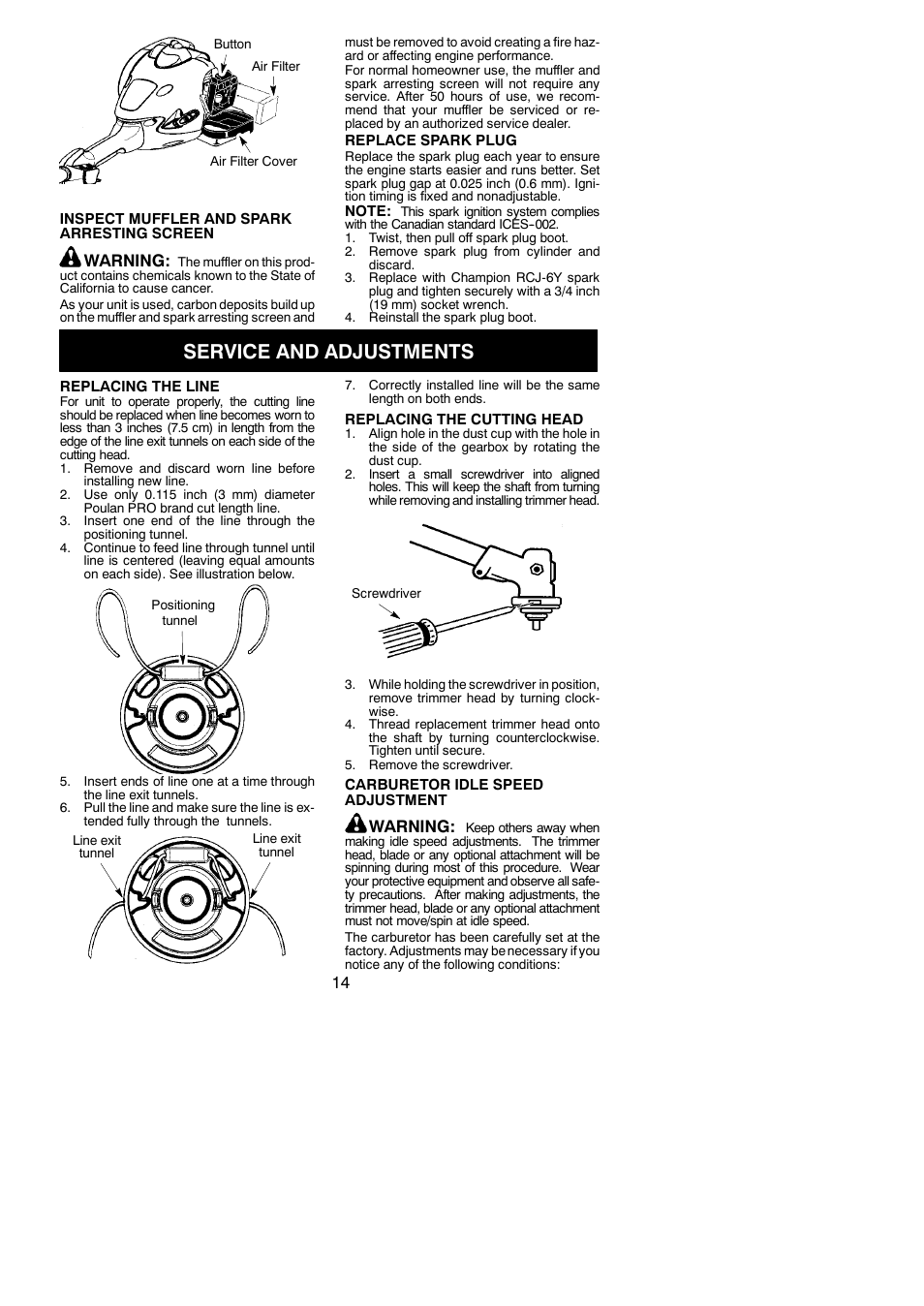 Service and adjustments, Warning | Poulan Pro SM705 User Manual | Page 14 / 18