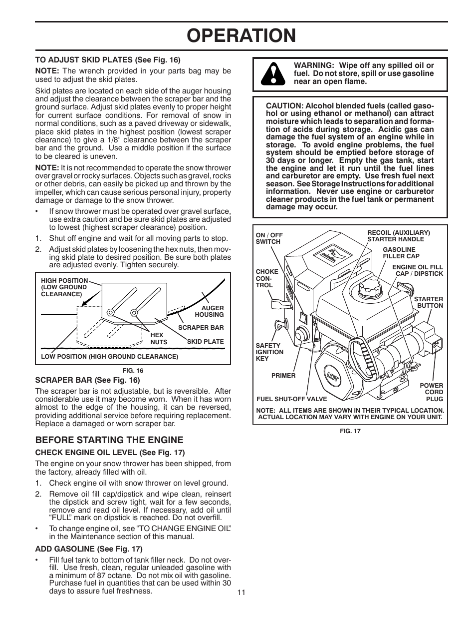 Operation, Before starting the engine | Poulan Pro PP208E24 SNOW THROWER User Manual | Page 11 / 40