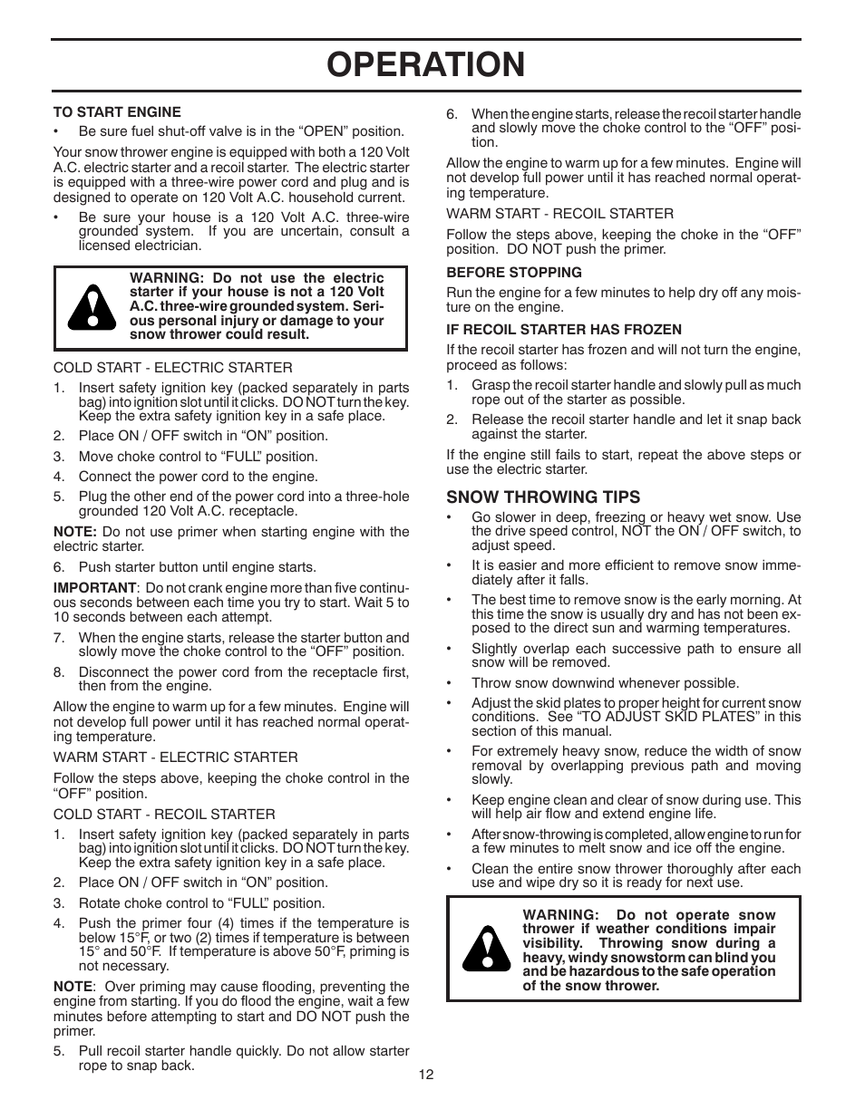 Operation | Poulan Pro PP208E24 SNOW THROWER User Manual | Page 12 / 40