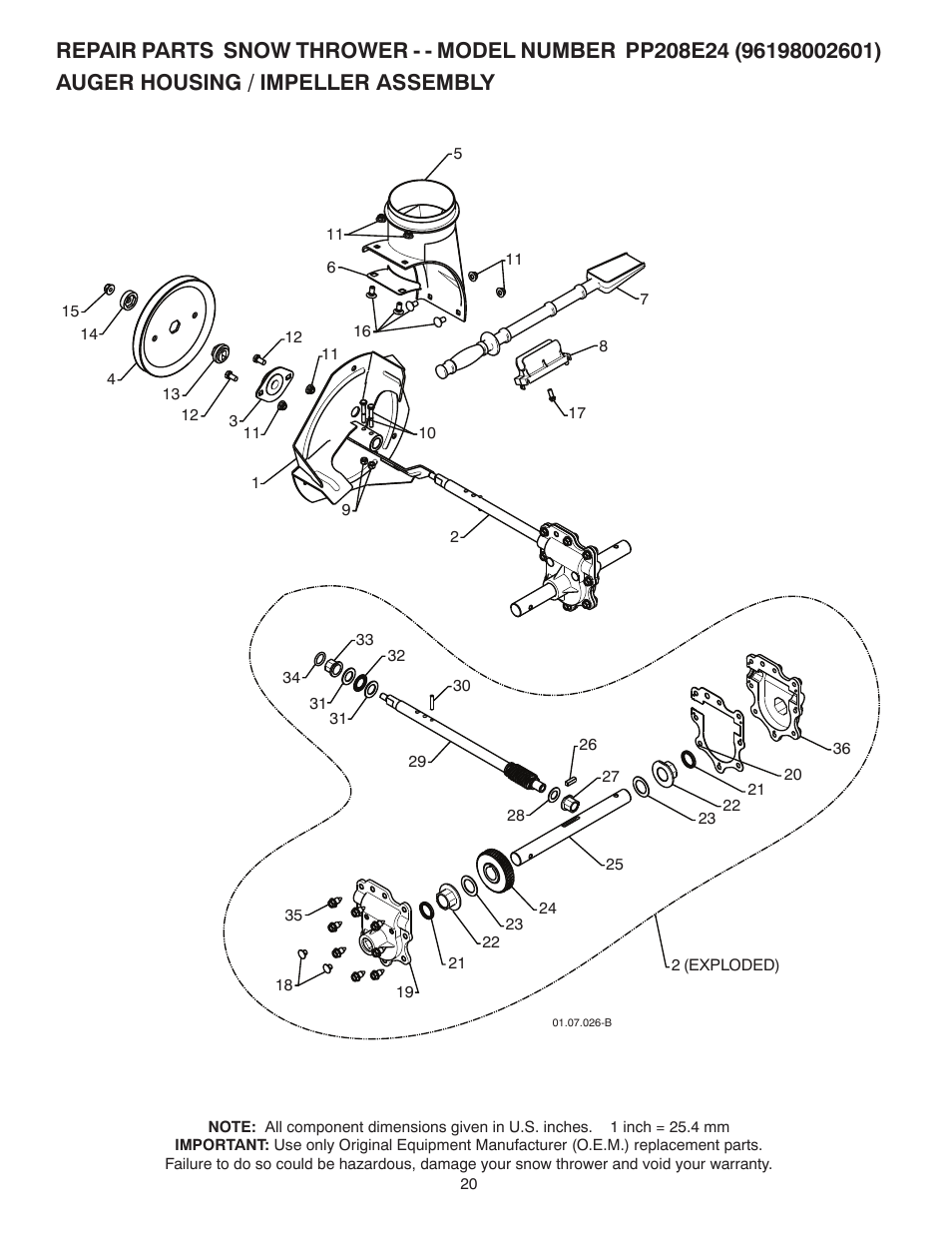 Repair parts, Auger housing / impeller assembly | Poulan Pro PP208E24 SNOW THROWER User Manual | Page 20 / 40