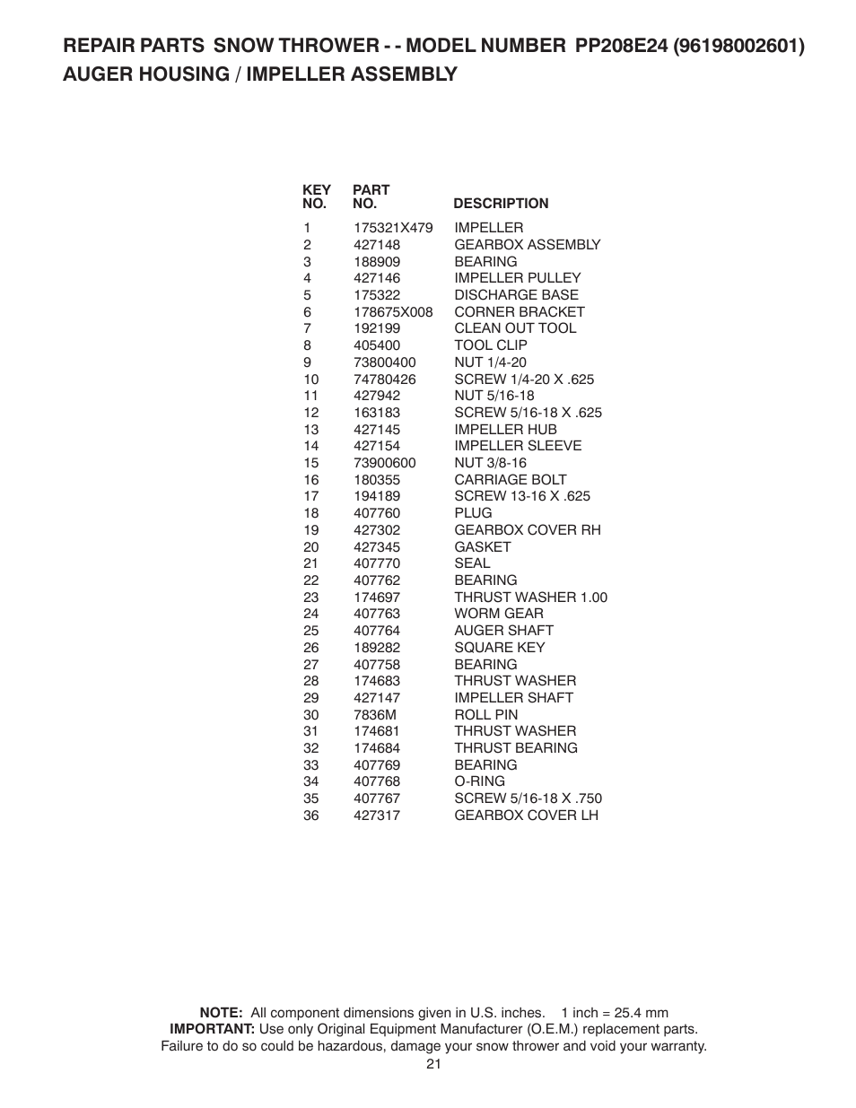 Poulan Pro PP208E24 SNOW THROWER User Manual | Page 21 / 40