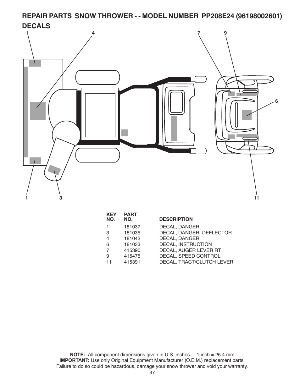 Decals | Poulan Pro PP208E24 SNOW THROWER User Manual | Page 37 / 40